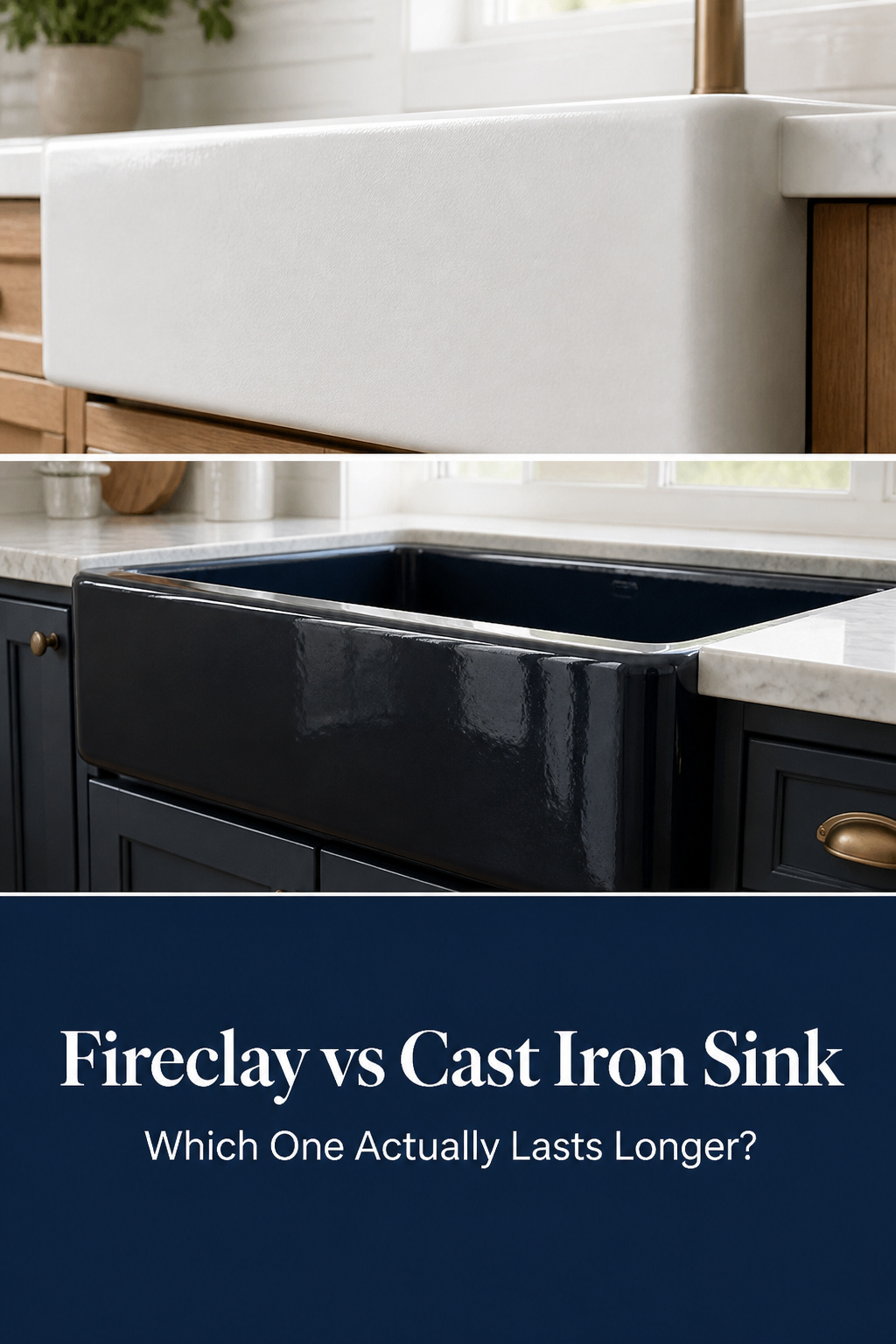 Pinterest collage comparing fireclay and cast iron farmhouse sinks with headline text overlay