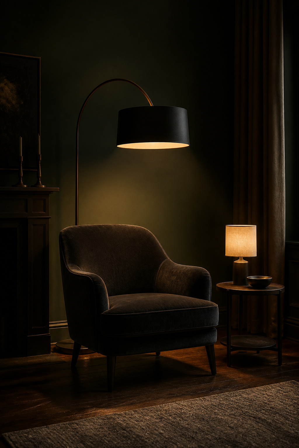 Corner floor lamp with opaque shade and table lamp creating warm amber pools in a dark moody living room