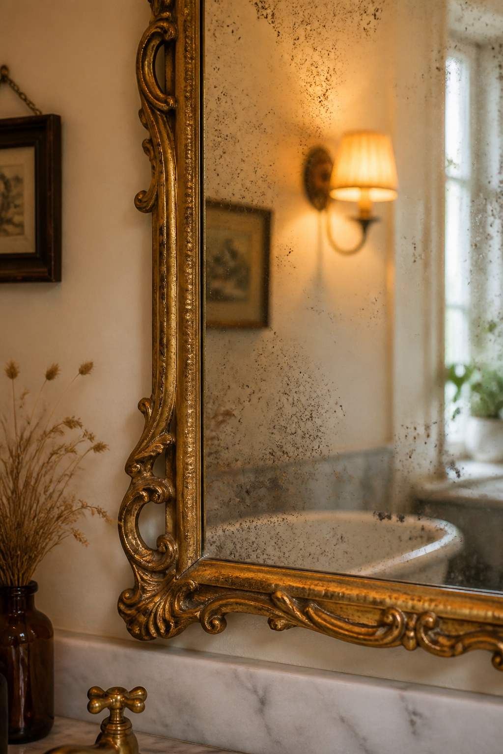 A foxed antique gilt-framed mirror hanging above a marble bathroom vanity, the aged glass showing edge darkening and surface foxing consistent with period silver backing