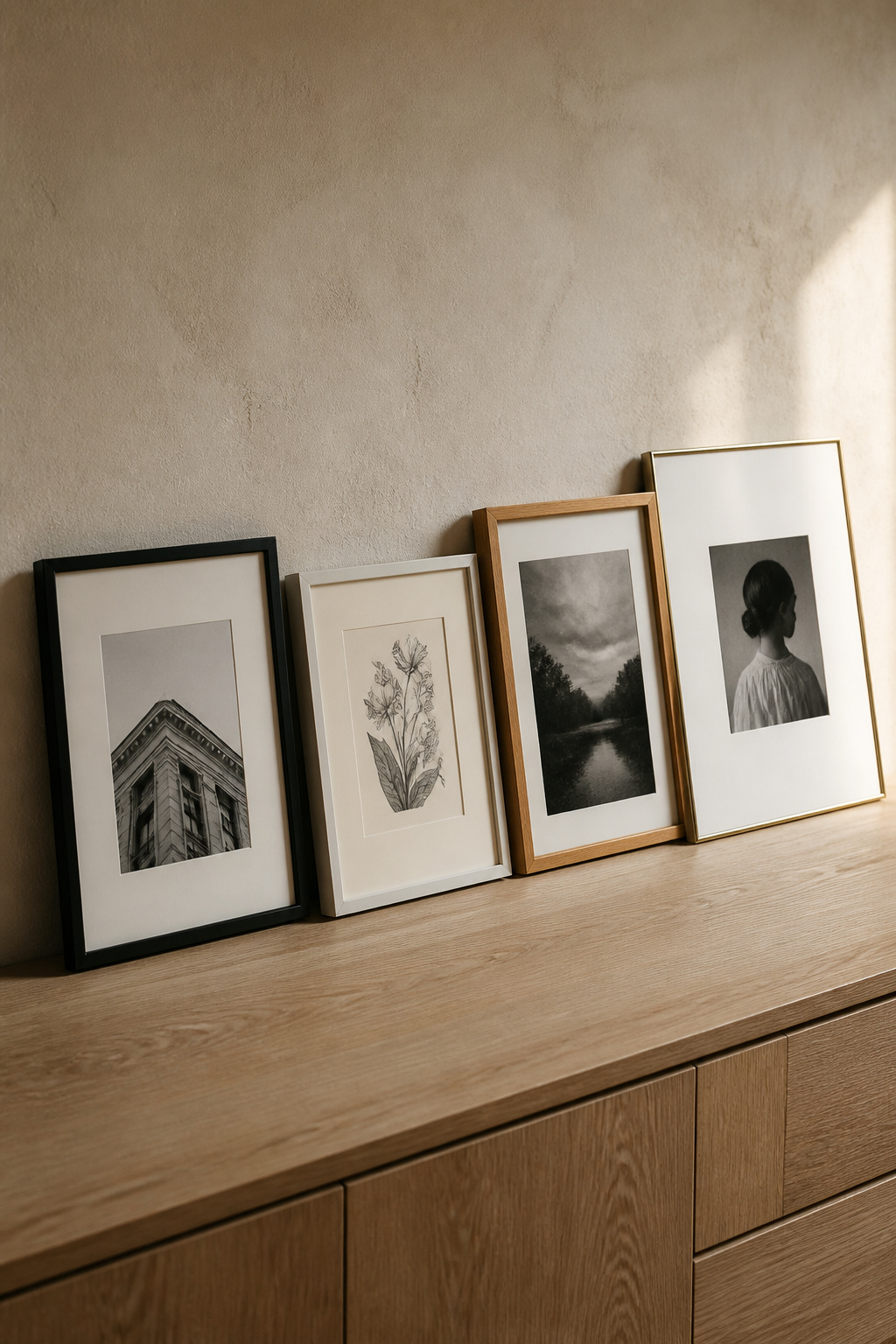 Four frame options for black and white gallery wall: slim black with wide white mat, off-white frame with cream mat, natural oak with minimal mat, aged brass with wide white mat