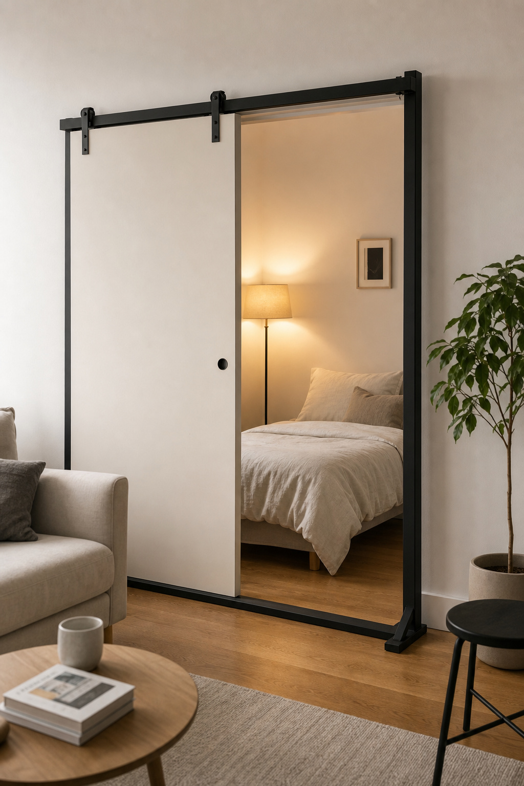 Freestanding black metal barn door frame with white hollow-core panel dividing studio apartment sleeping area from living space, no wall attachment