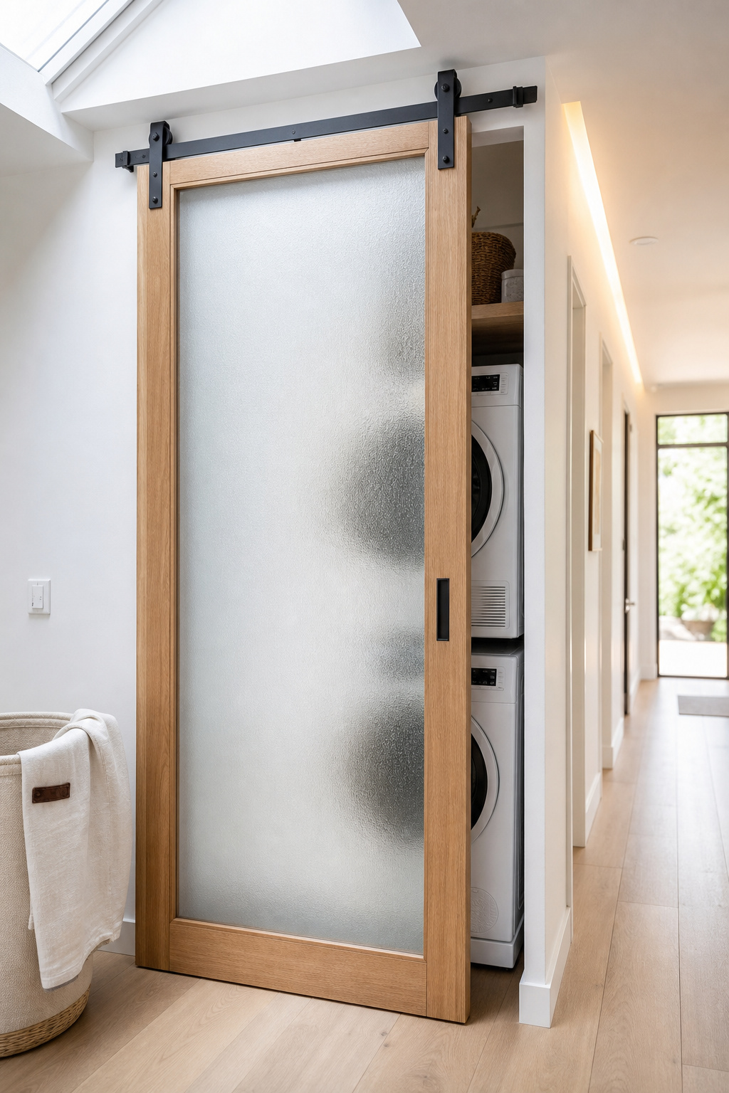 Frosted glass sliding barn door with slim oak frame partially open in a bright white laundry room, soft daylight filtering through the glass