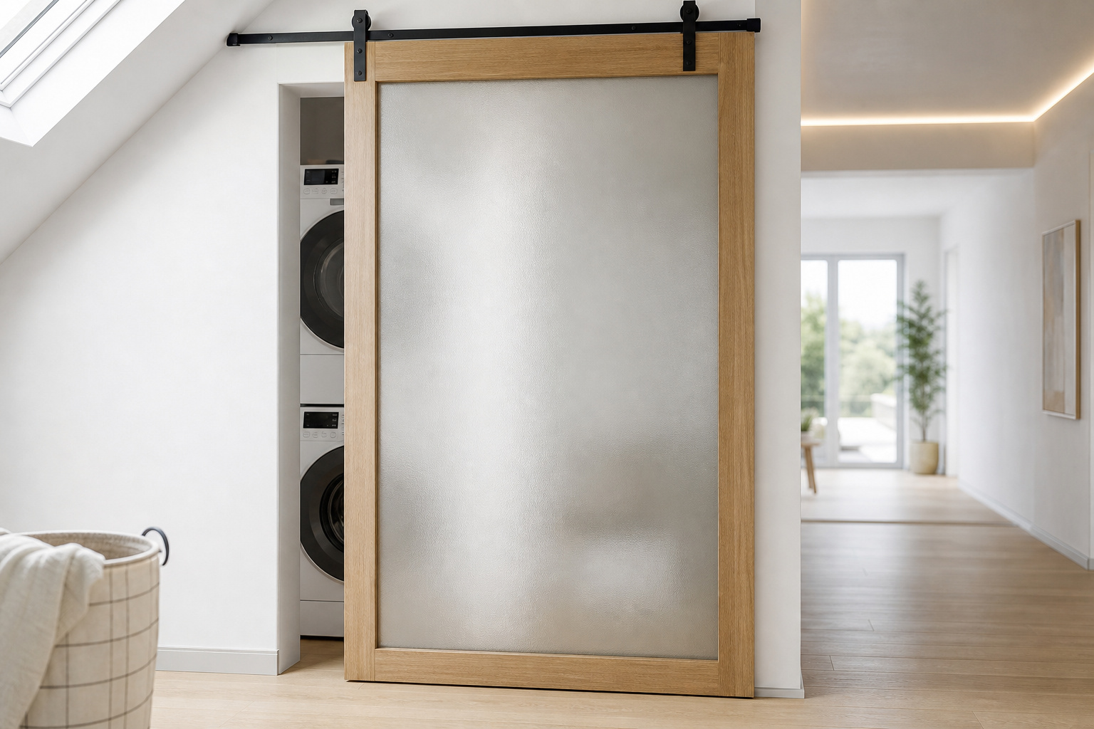 Frosted glass sliding barn door with slim oak frame partially open in a bright white laundry room, soft daylight filtering through the glass