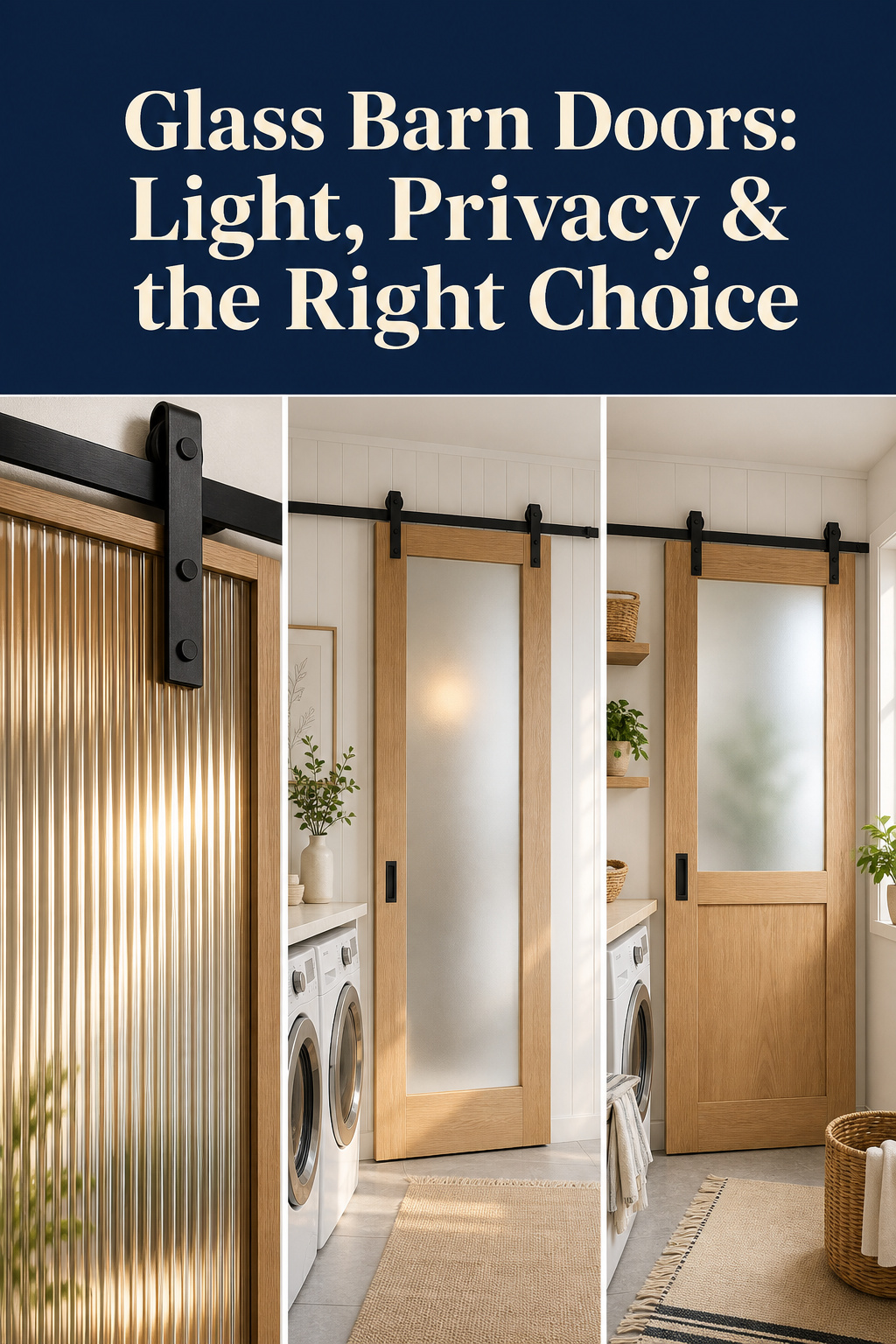 Pinterest pin collage showing reeded glass texture, frosted glass barn door in laundry room, and half-lite glass-wood barn door design options