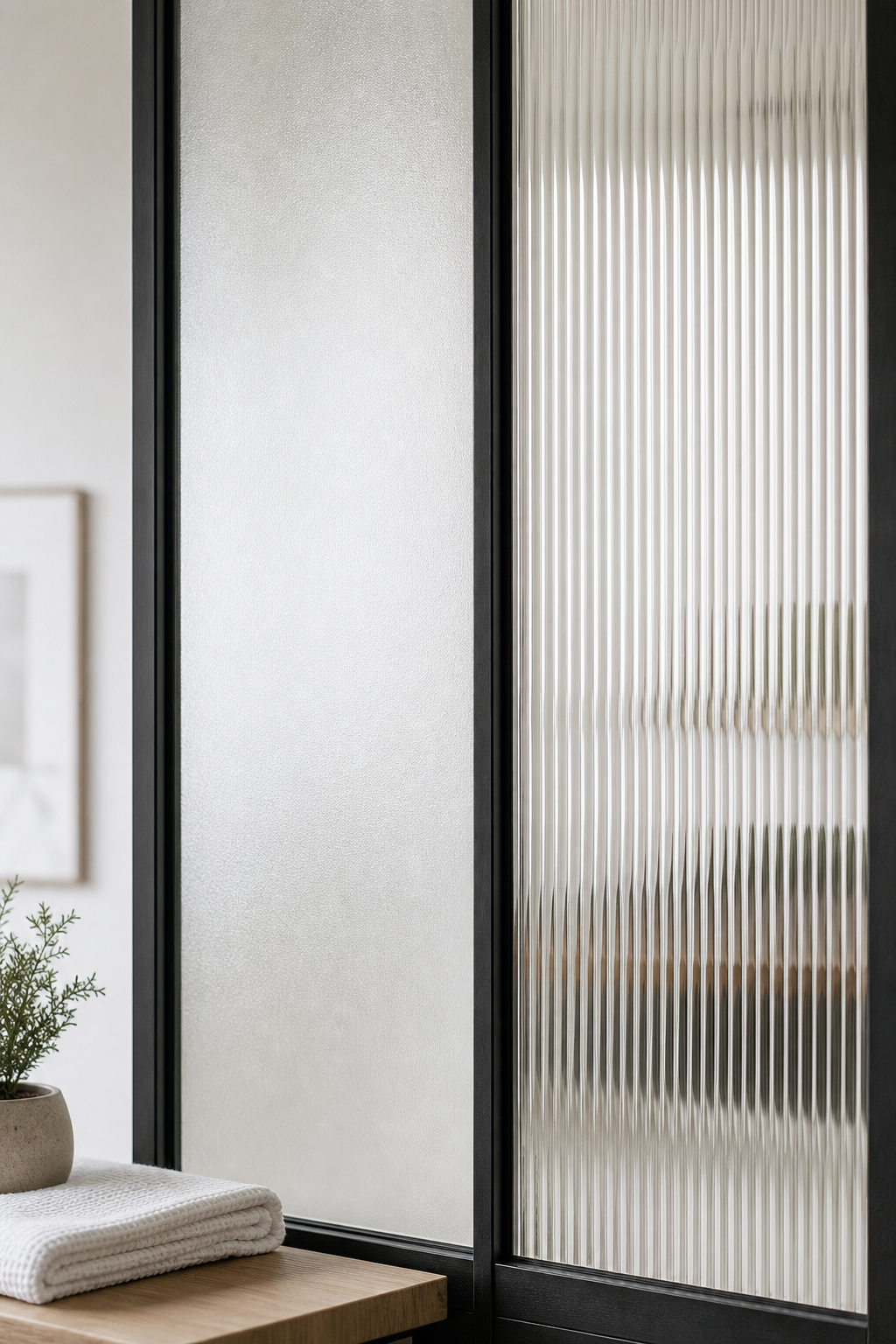 Side-by-side comparison of a frosted glass barn door panel and a reeded glass barn door panel in matching slim black frames, showing the difference in texture and privacy level
