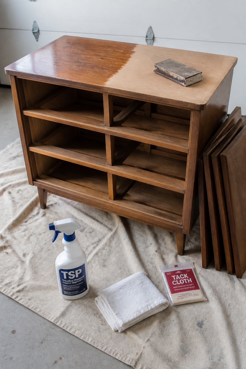 Vintage dresser mid-prep showing the boundary between glossy old varnish finish and freshly scuff-sanded matte surface with TSP spray bottle and sanding block