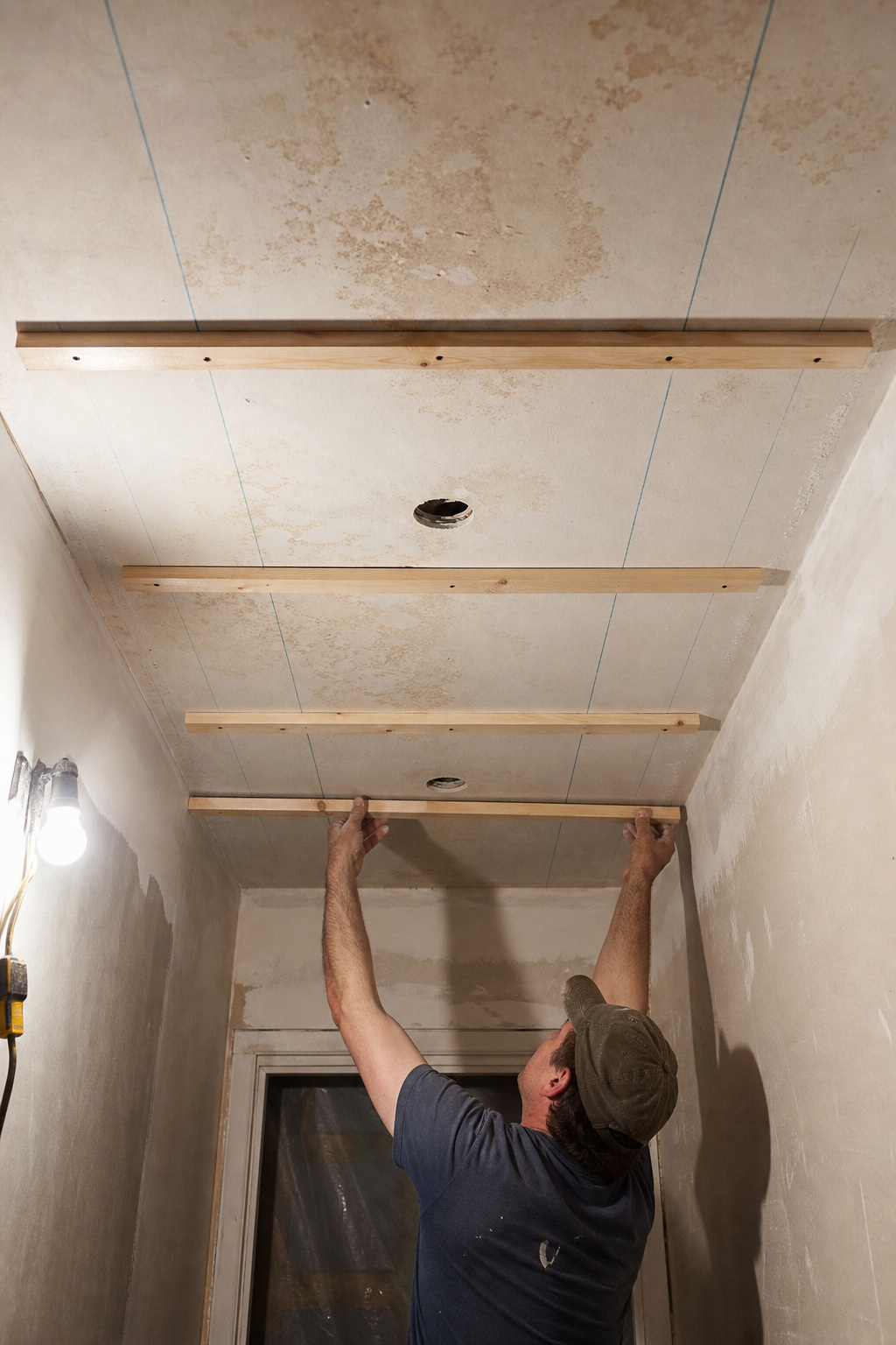 Furring strips being installed perpendicular to joists over existing stained drywall ceiling before planking