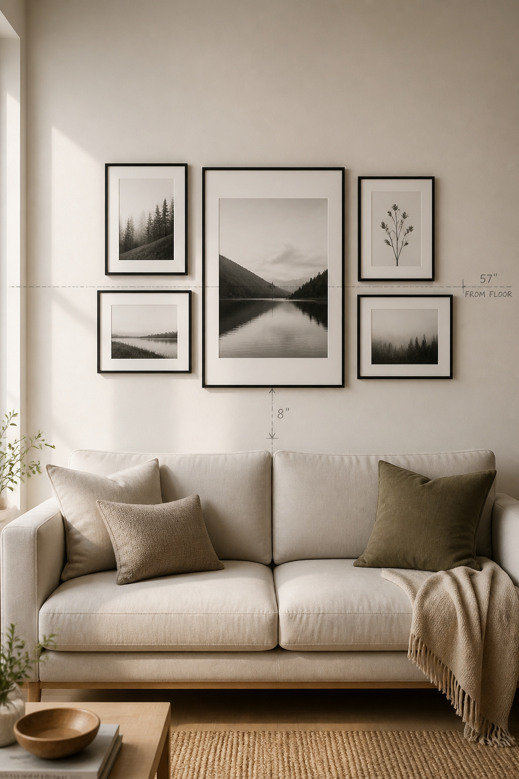 Gallery wall showing the 57-inch centre-height rule with a dotted line at eye level and frames correctly aligned in a Scandinavian living room