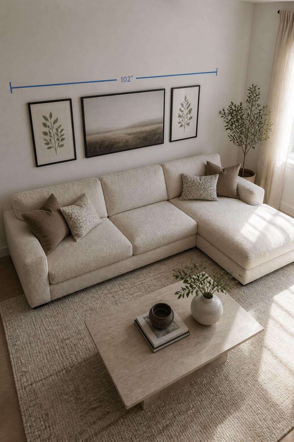 Gallery wall above the primary seating section of an L-shaped sectional sofa, showing active wall face measurement and horizontal arrangement