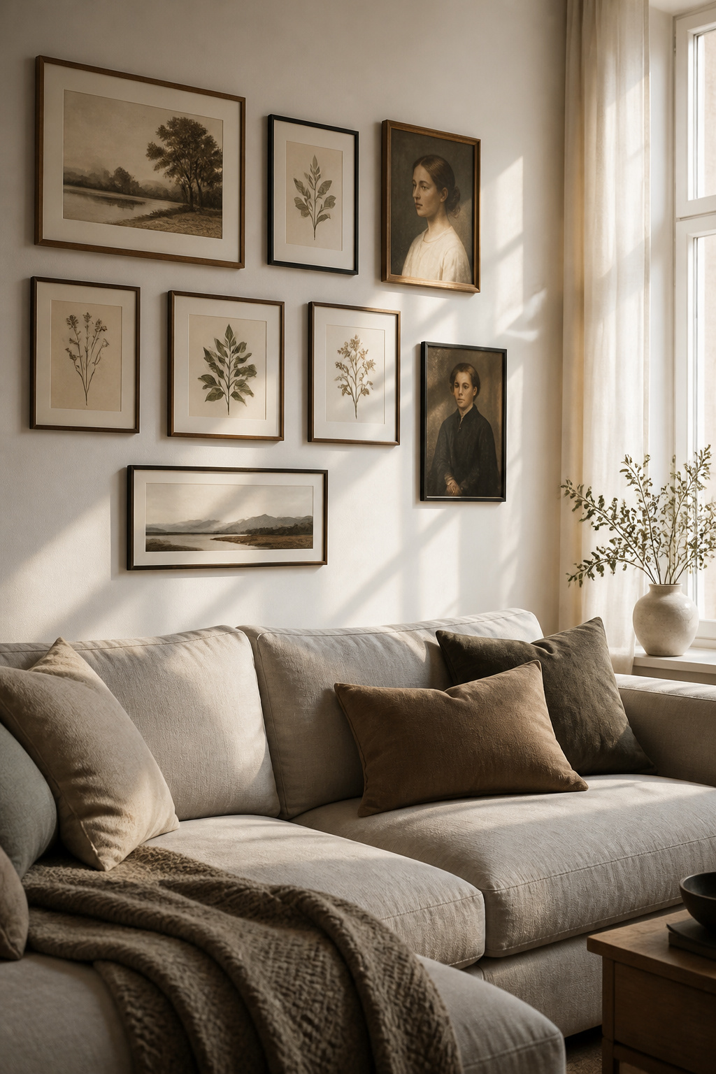 Gallery wall above a linen sofa spanning two-thirds of the sofa width, seven frames in walnut and black, Scandinavian living room