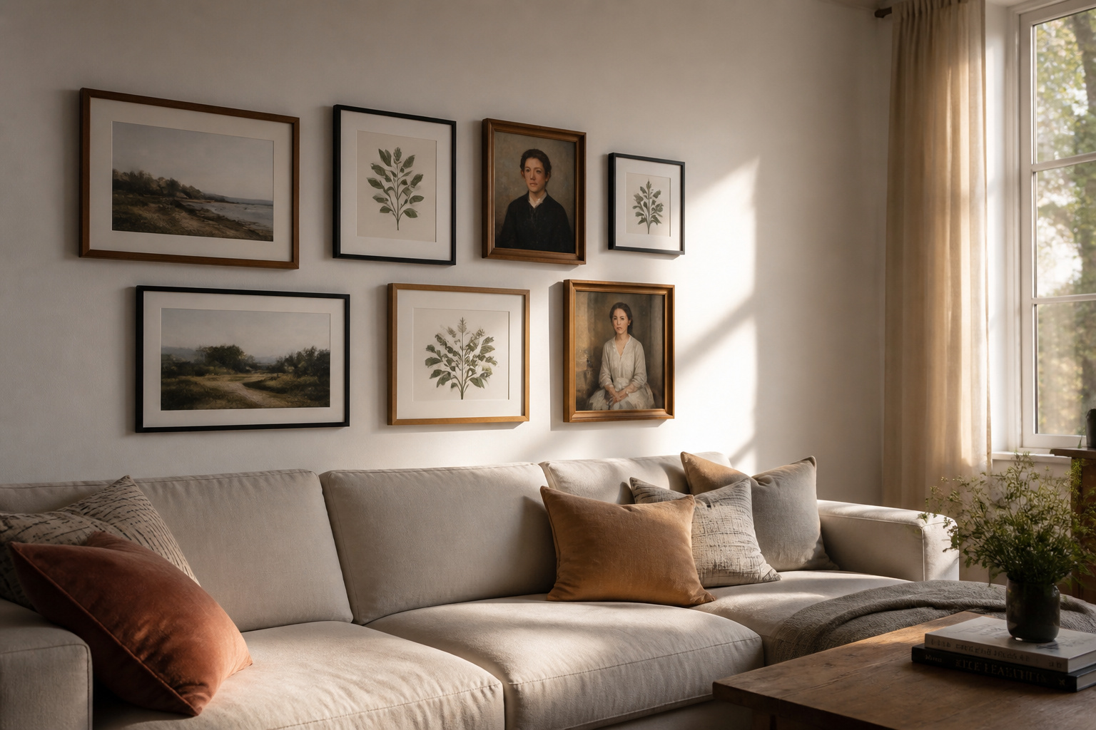 Gallery wall above a linen sofa spanning two-thirds of the sofa width, seven frames in walnut and black, Scandinavian living room