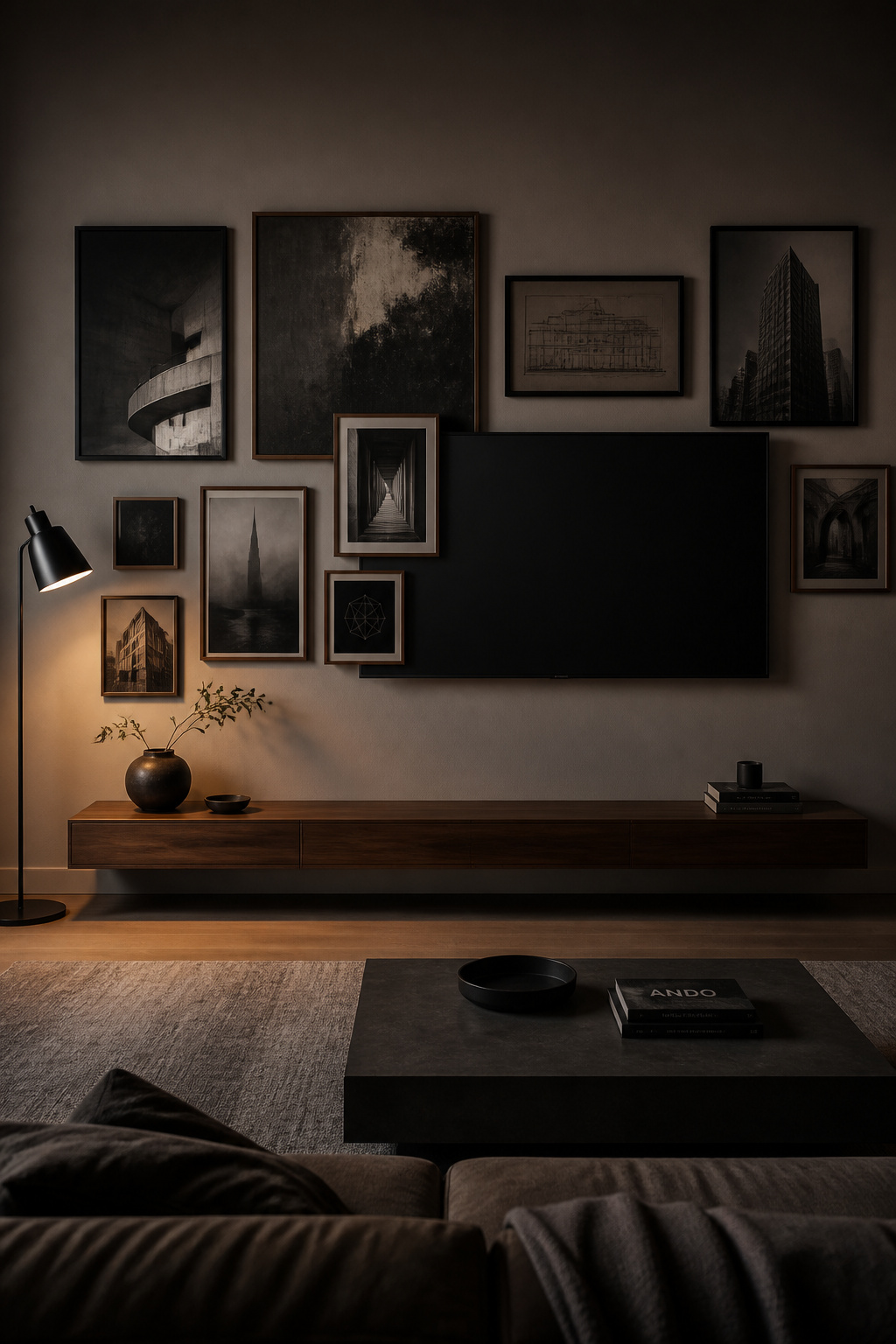 Gallery wall around a 65-inch TV with asymmetric dark-framed arrangement, matte art, and hidden cables in a living room