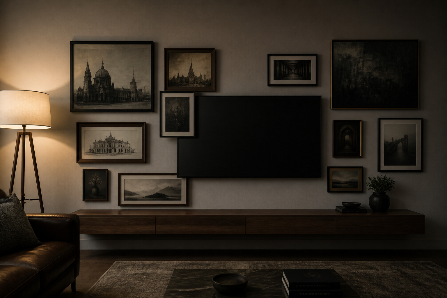Gallery wall around a 65-inch TV with asymmetric dark-framed arrangement, matte art, and hidden cables in a living room