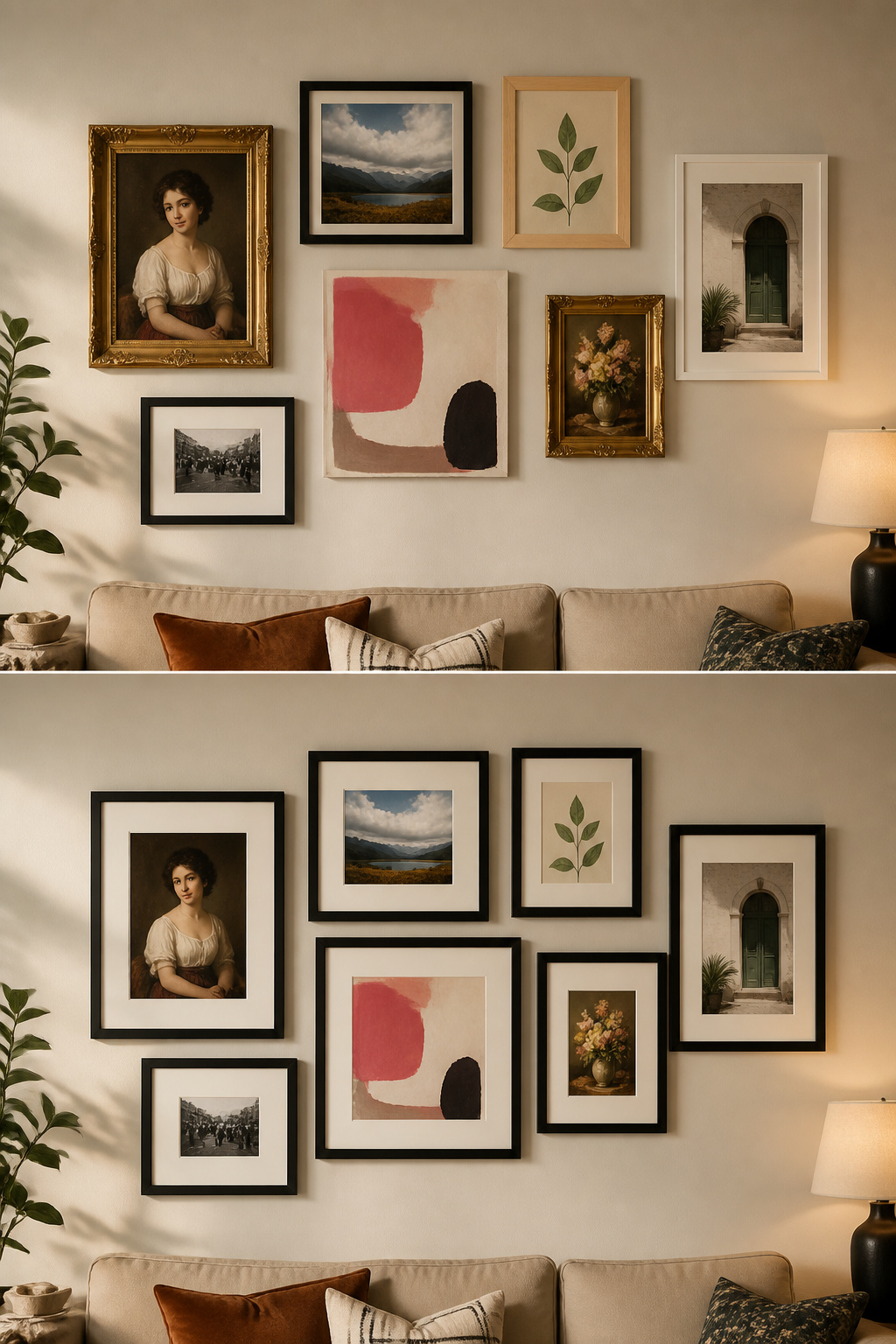 Before and after showing how consistent white mats unify a chaotic gallery wall arrangement into a cohesive composition