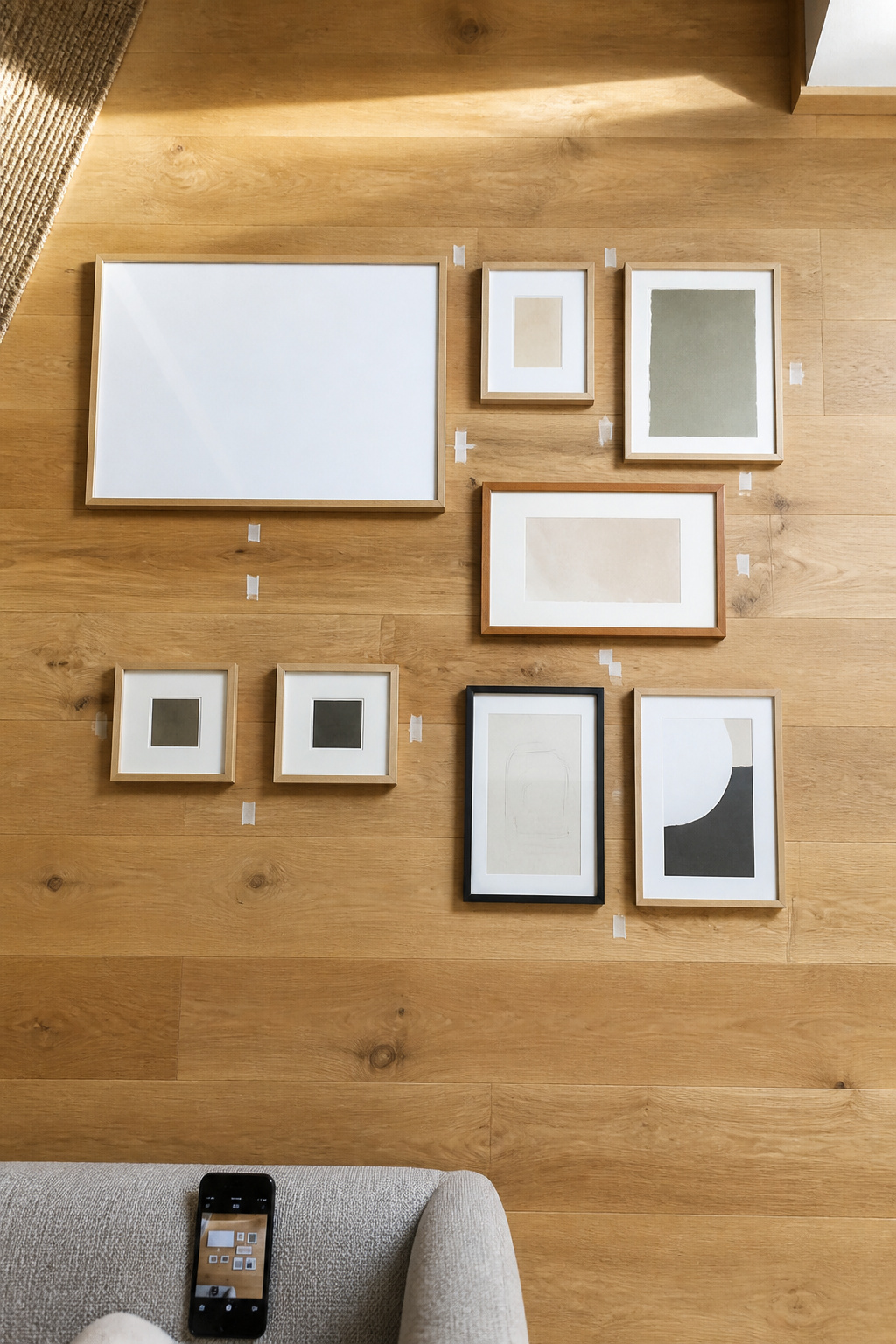 Birds-eye view of gallery wall frames arranged in a salon layout on the floor before hanging, with a phone showing the reference photo