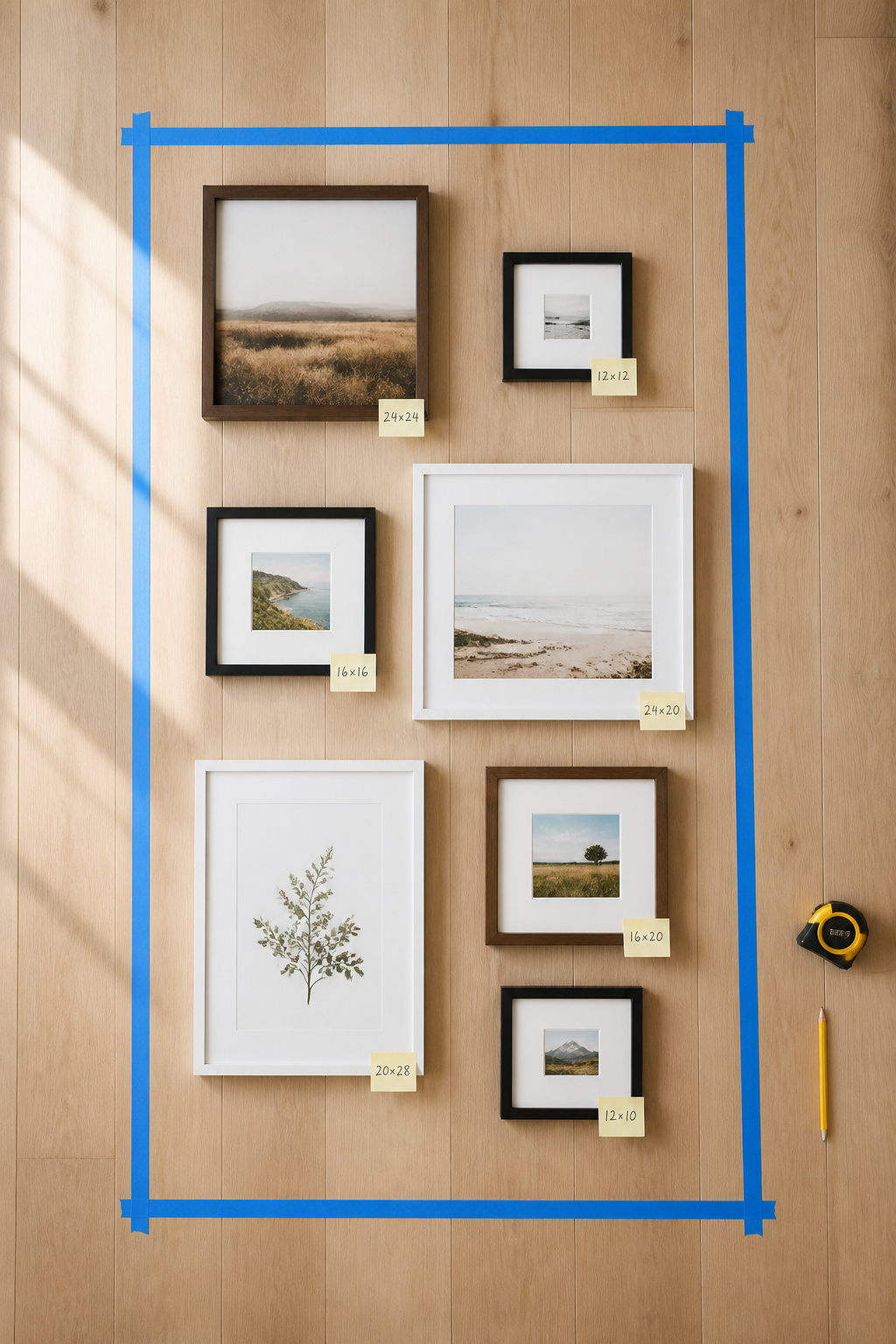 Gallery wall floor mockup method showing frames arranged inside a painter's tape rectangle on pale wood floorboards before hanging