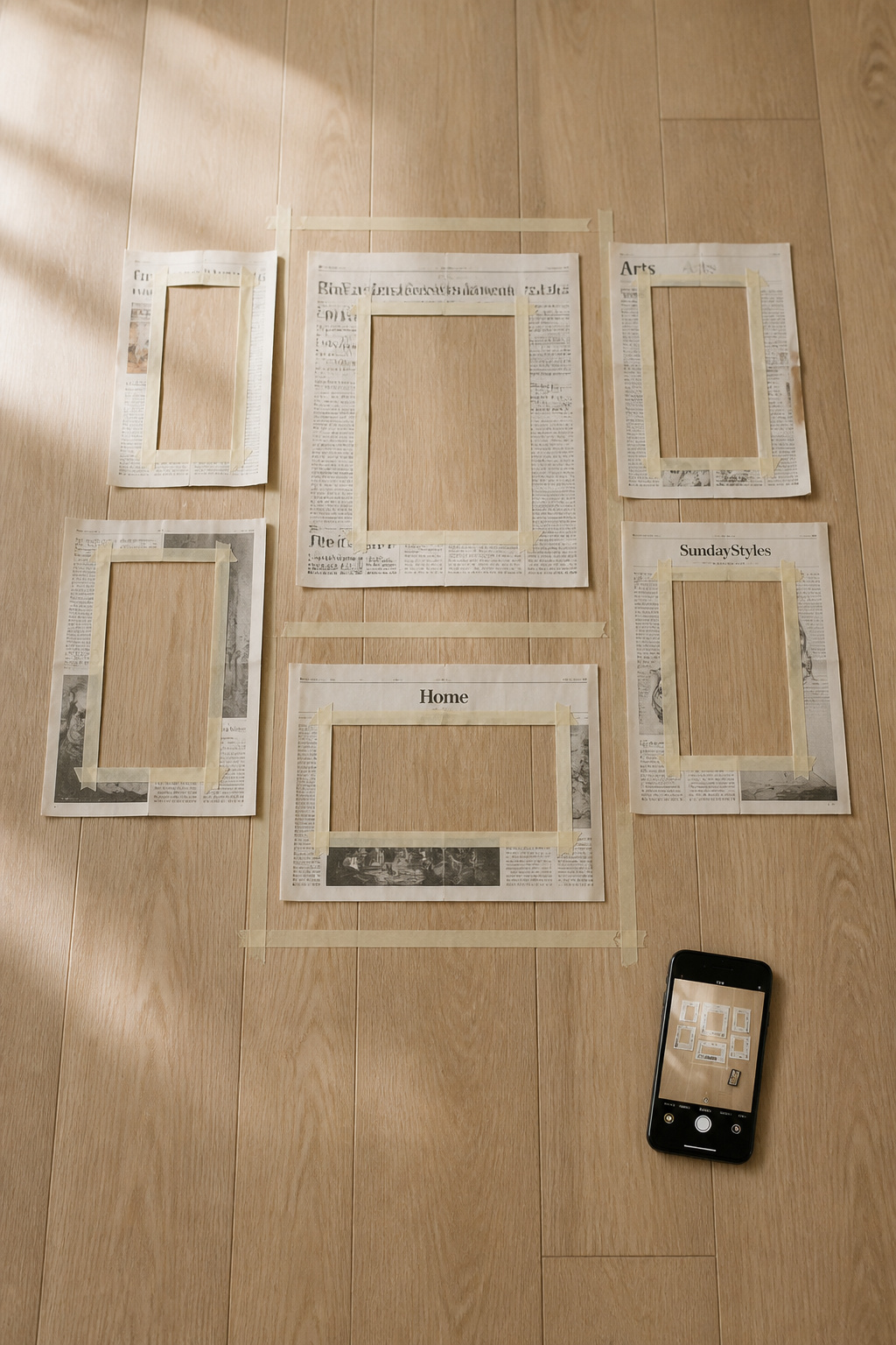 Overhead view of gallery wall floor mockup with paper frame templates and painter's tape spacers, phone capturing the layout