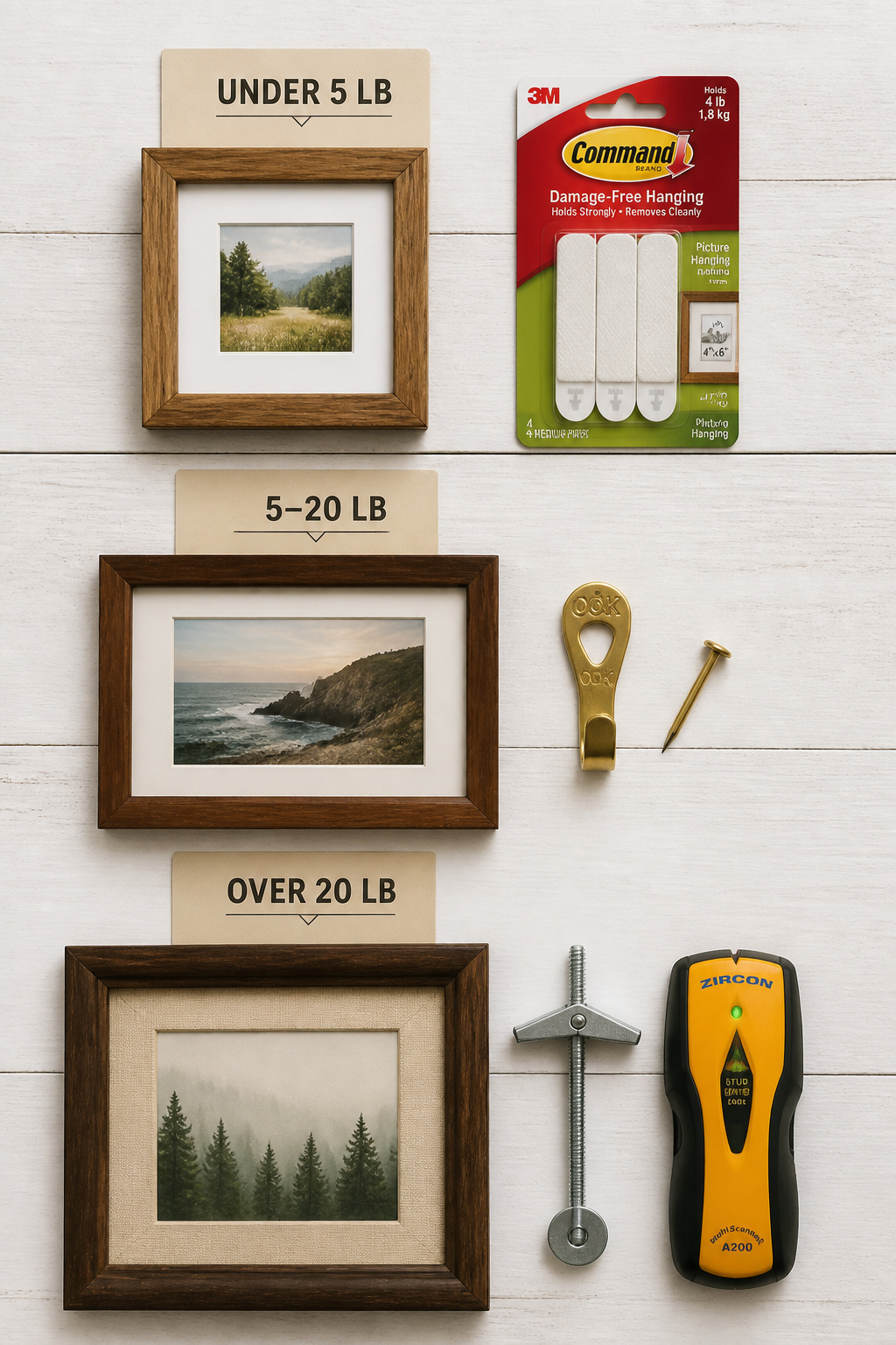 Three-tier gallery wall hardware guide showing adhesive strips for under 5 lb, OOK hooks for 5–20 lb, and toggle bolts for over 20 lb frames