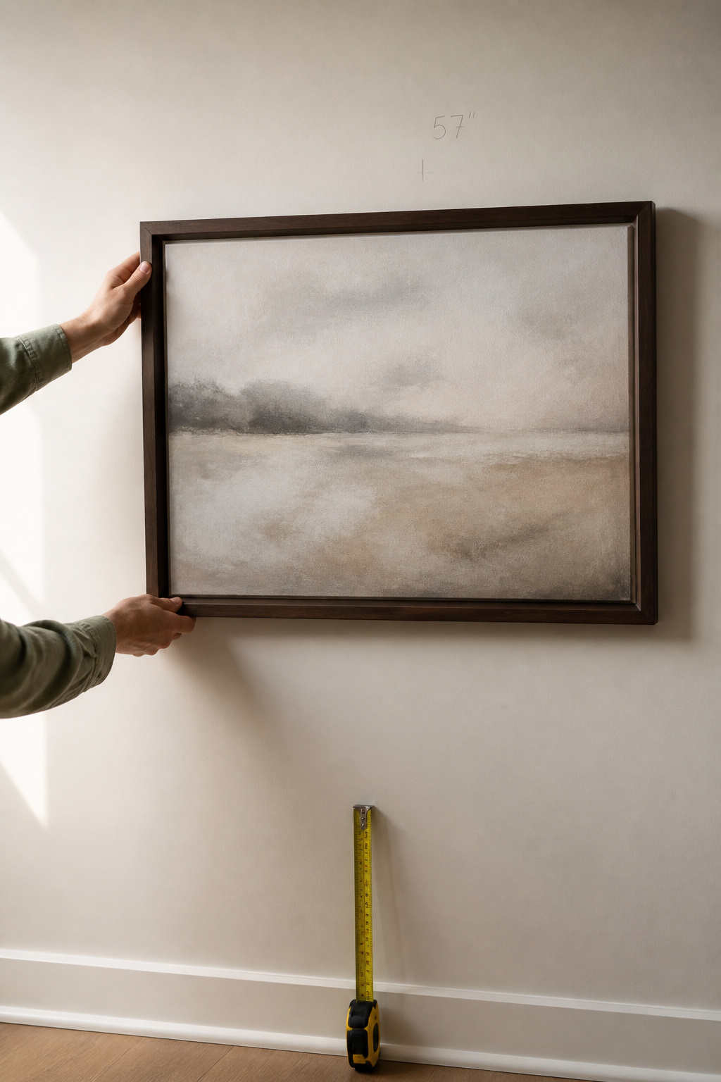 Hands holding a large framed print against a wall at the 57-inch centre-height mark, with tape measure visible on the baseboard below