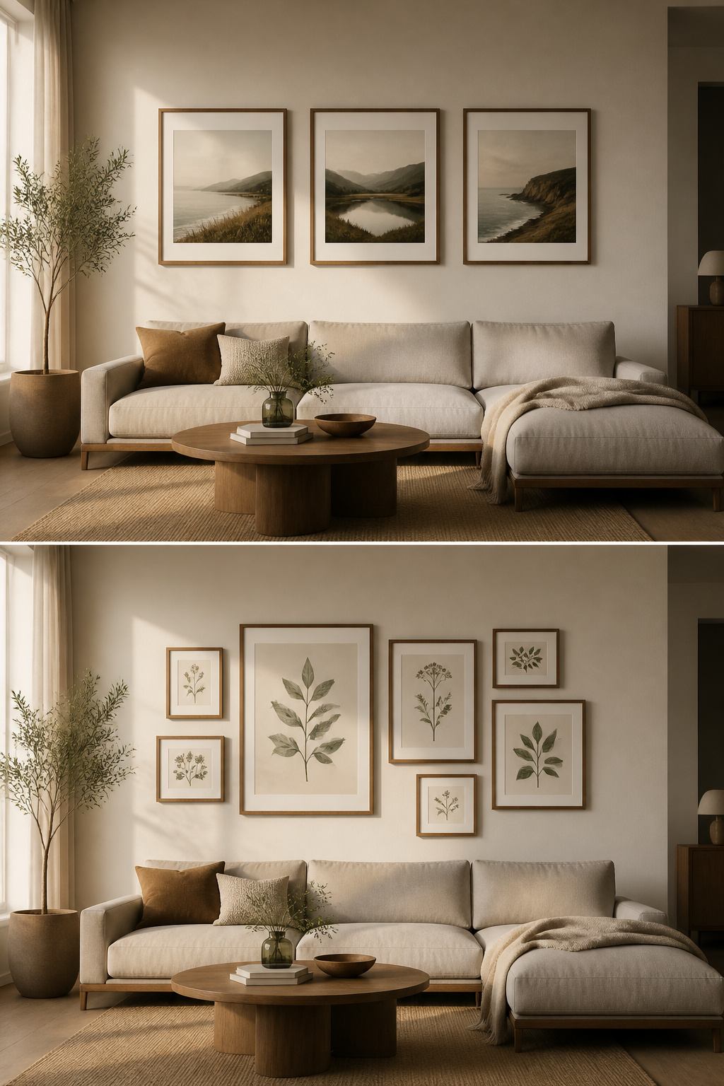 Two gallery wall layouts above a sofa: horizontal three-frame row versus seven-frame asymmetric cluster