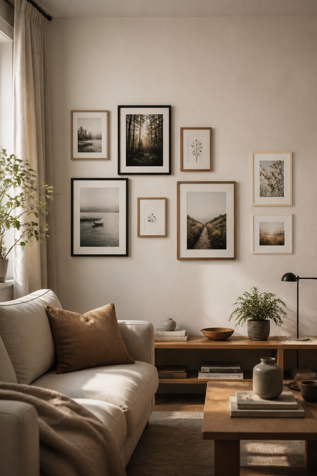 Gallery wall with asymmetric organic edges and recently added frames at the periphery showing a living arrangement designed to grow over time