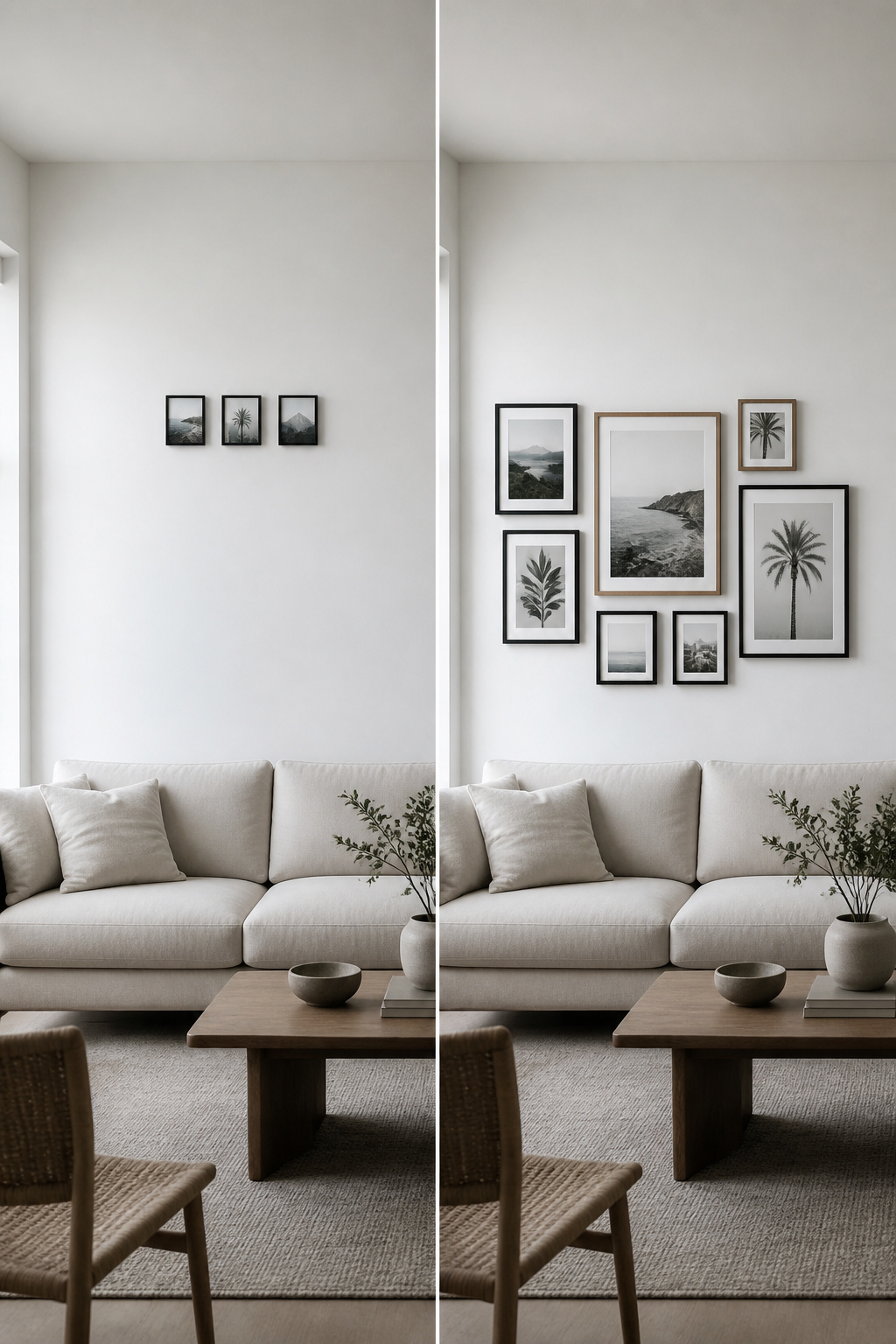 Side-by-side comparison of common gallery wall mistakes versus a corrected arrangement in a Scandinavian living room