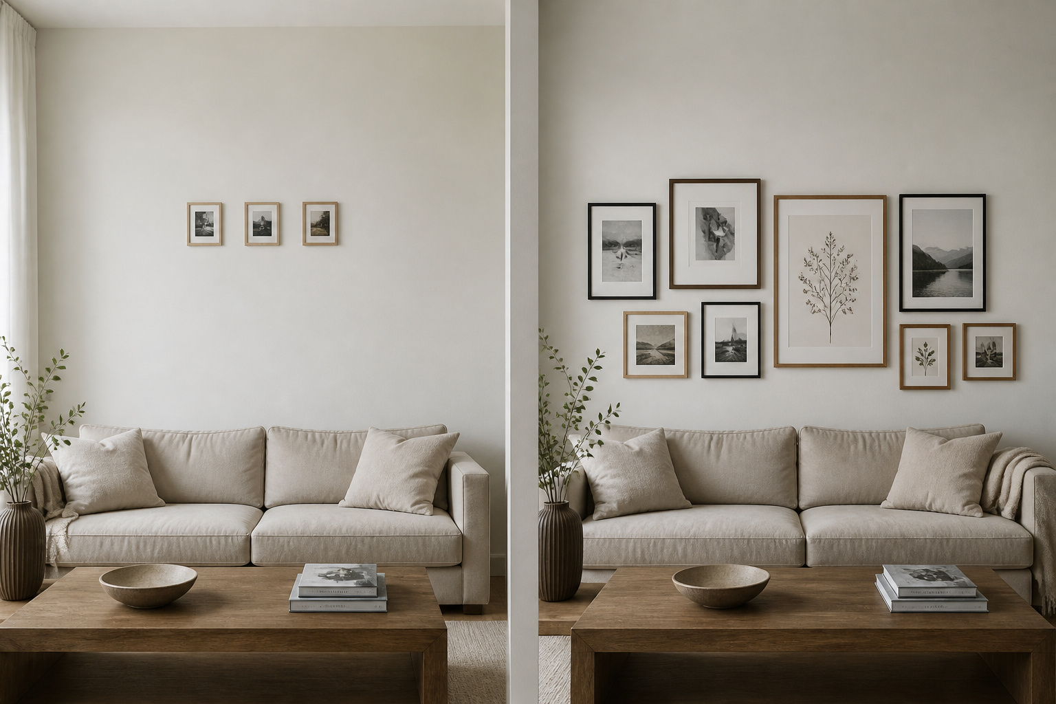 Side-by-side comparison of common gallery wall mistakes versus a corrected arrangement in a Scandinavian living room