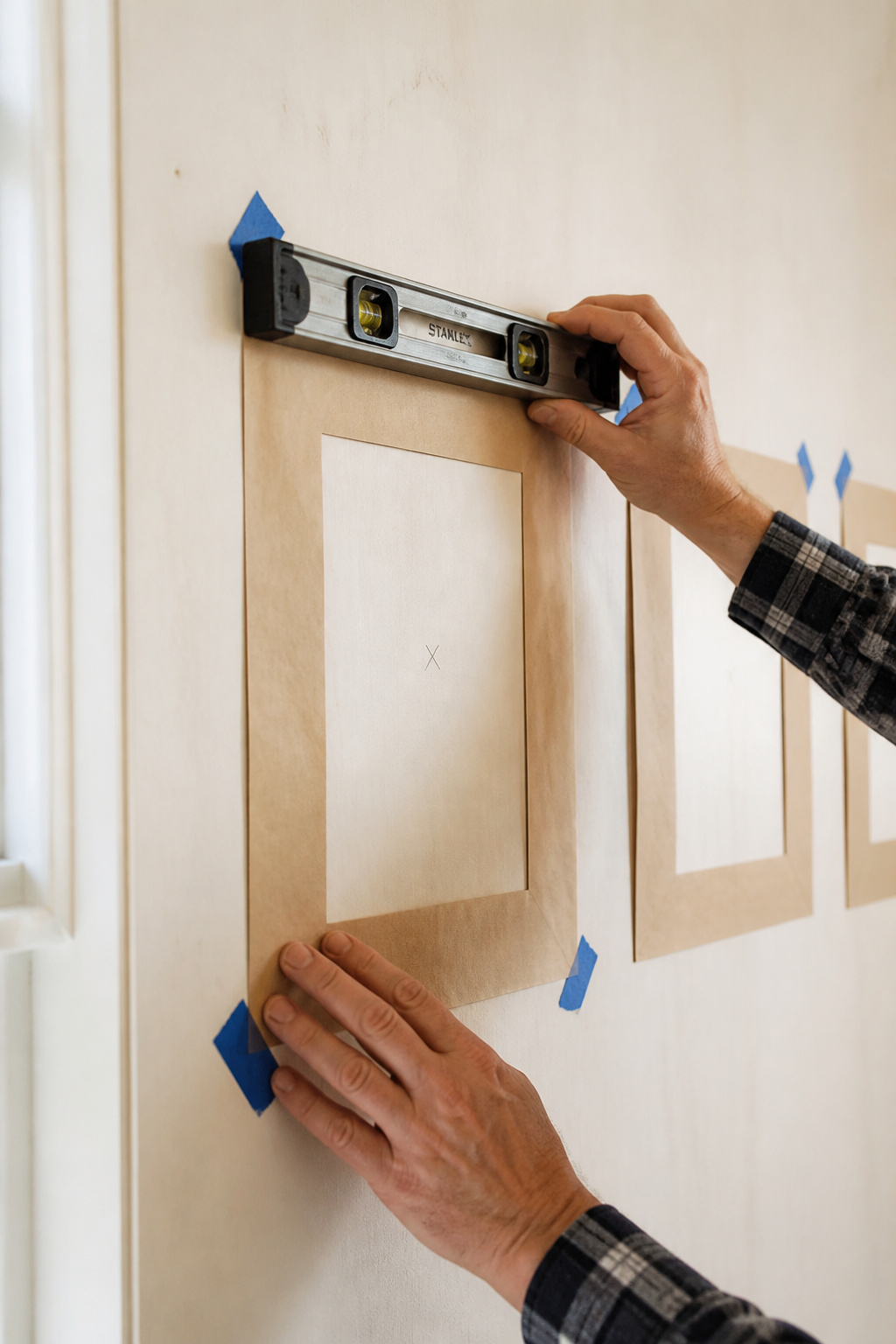 Kraft paper frame template being taped to wall with painter's tape and levelled before nailing
