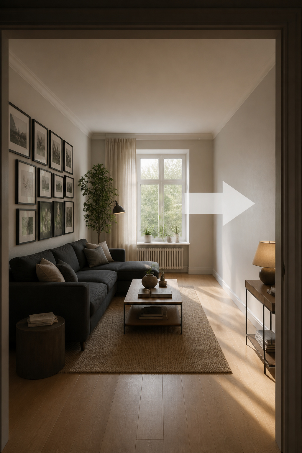 Living room showing gallery wall visual imbalance with heavy dark frames and sofa concentrated on one side and empty wall on the other