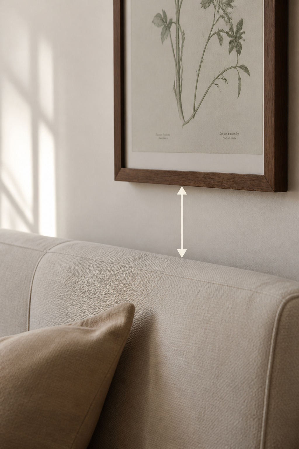 Side view showing the 6-to-10-inch clearance zone between a sofa back and the bottom frame of gallery wall art