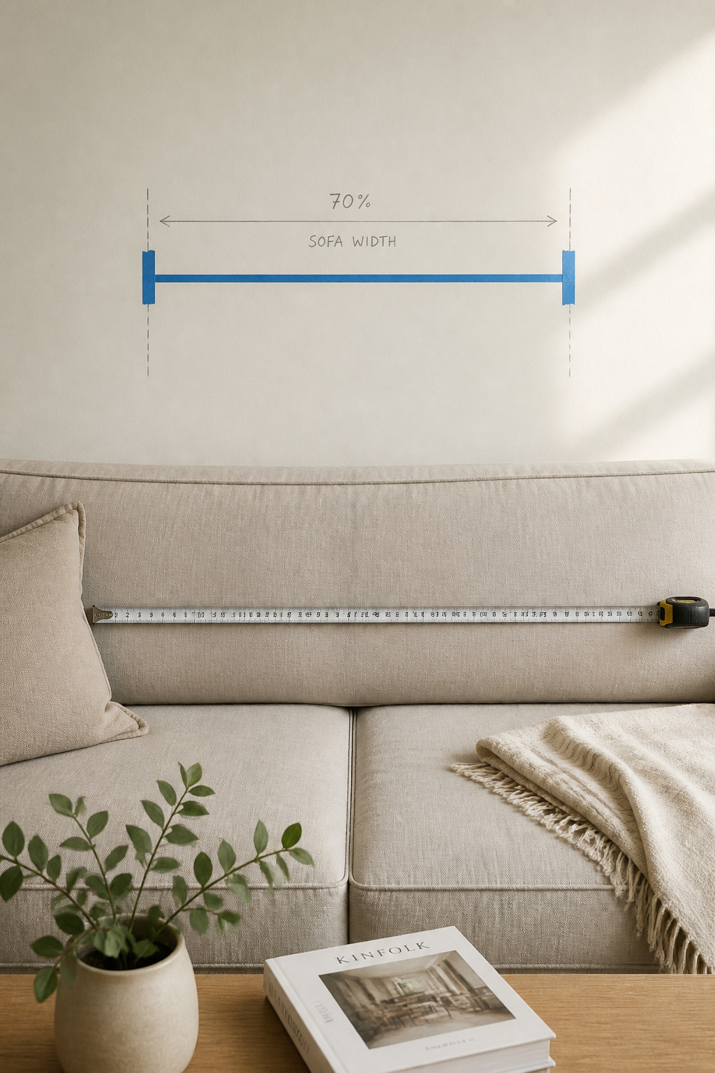 Tape measure across a sofa back with painter's tape marking 70% of sofa width on wall above, showing gallery wall proportion calculation