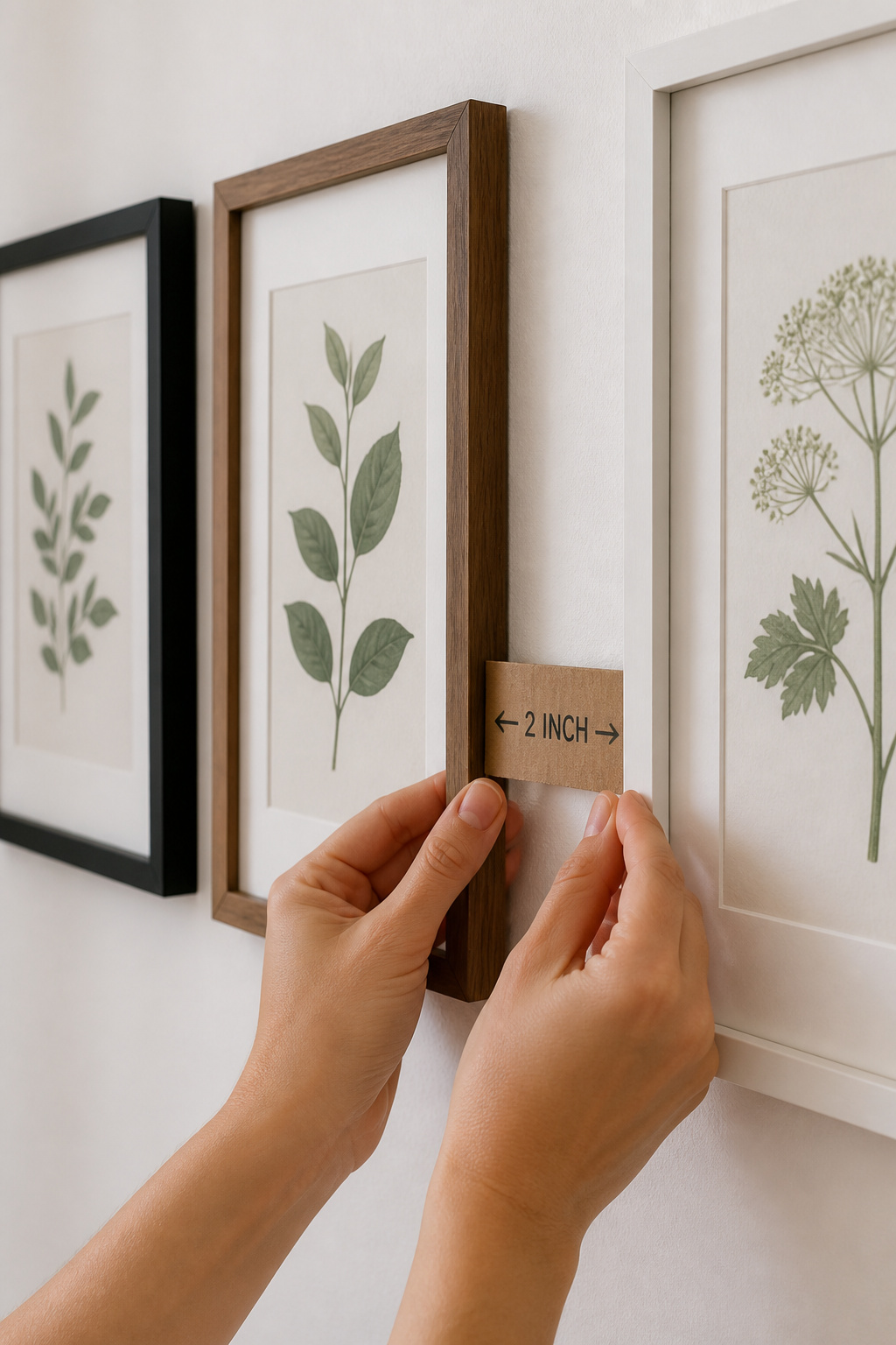 Cardboard spacer held between two gallery wall frames to ensure consistent 2-inch gaps during hanging
