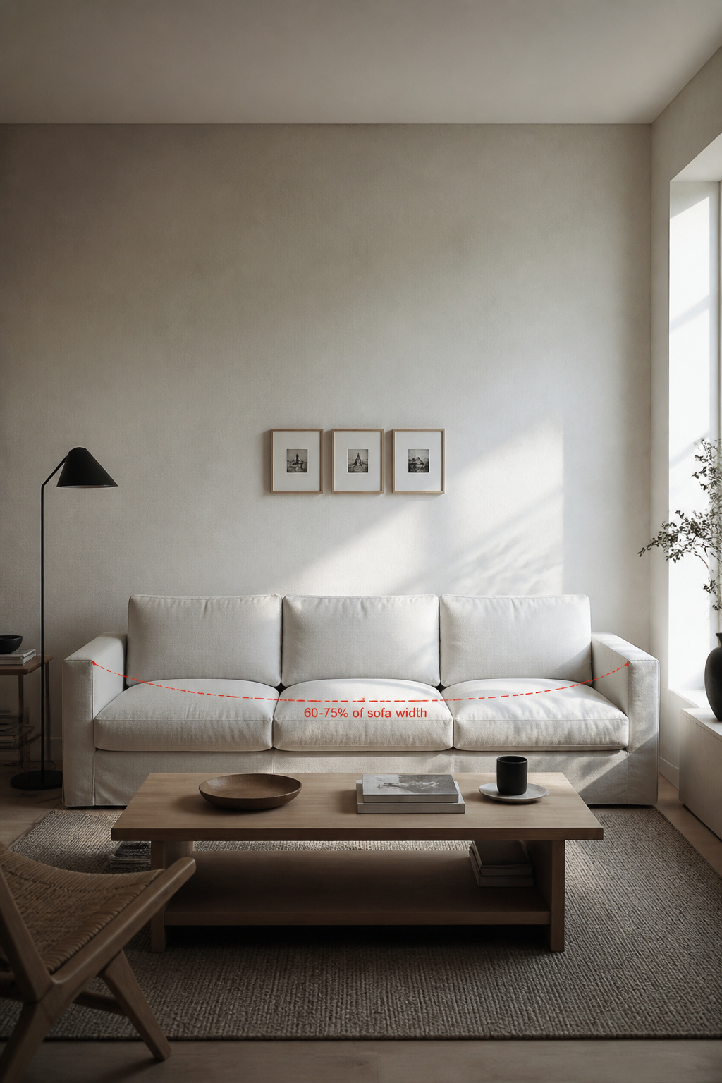 Three undersized frames on a wide wall above a sofa, showing the common gallery wall mistake of art too small for the space