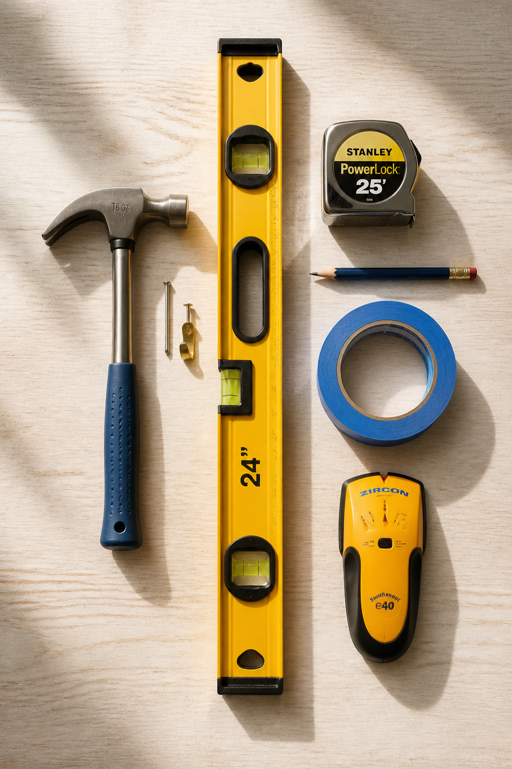 Gallery wall tool kit: hammer, level, tape measure, pencil, painter's tape, and stud finder on a wood surface