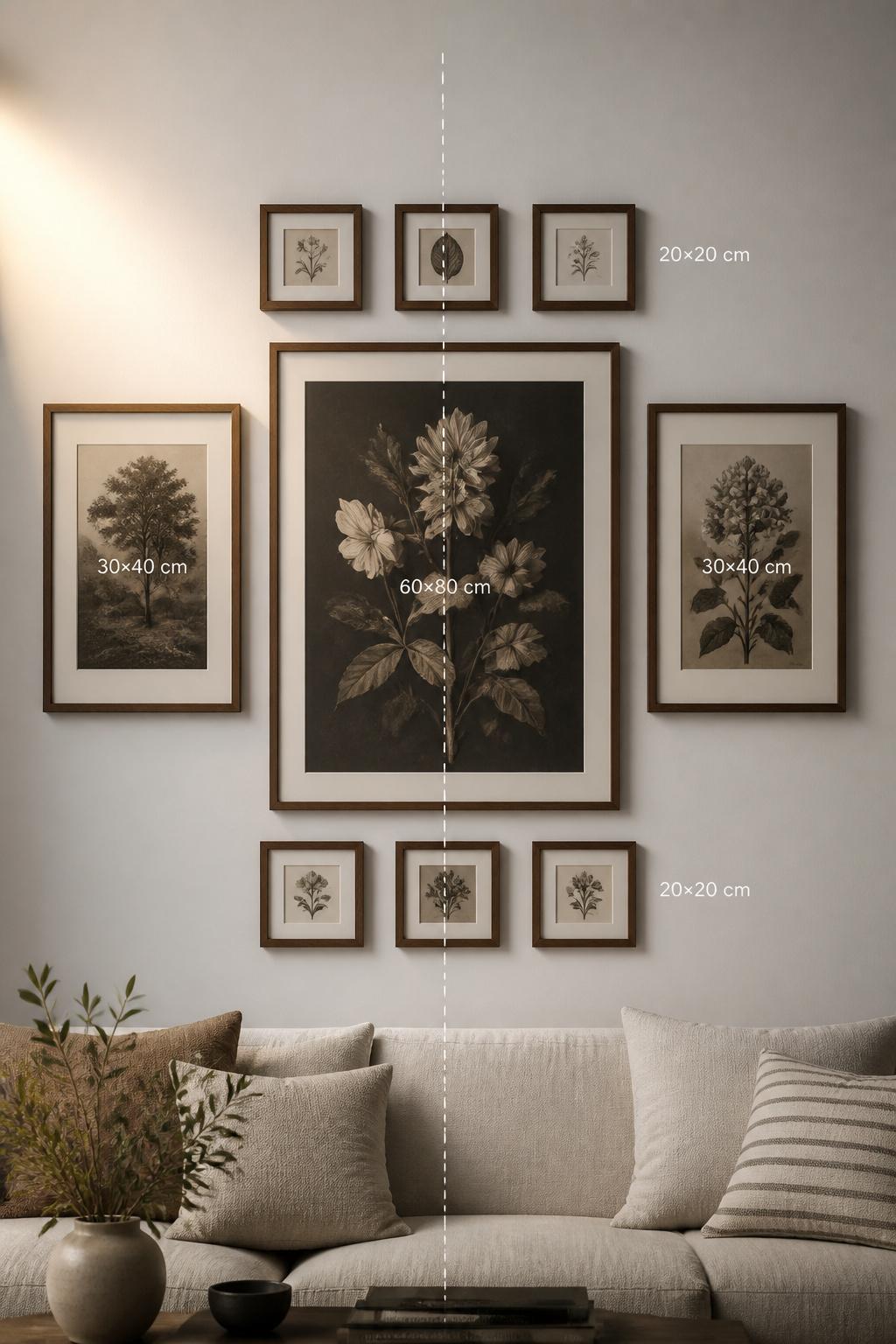 Gallery wall composition showing visual weight distribution with central anchor piece and dashed centreline balance axis
