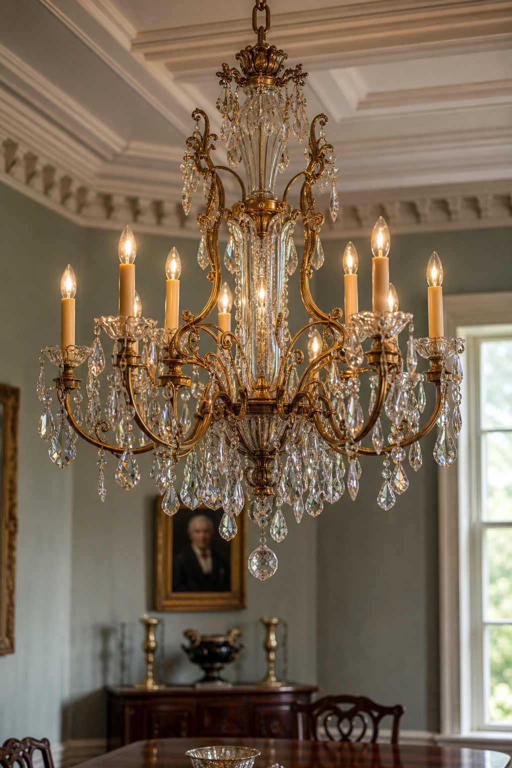 Georgian-revival lead-crystal chandelier with ormolu arms in a formal dining room with a plaster tray ceiling, reflecting candlelight through cut-crystal drops
