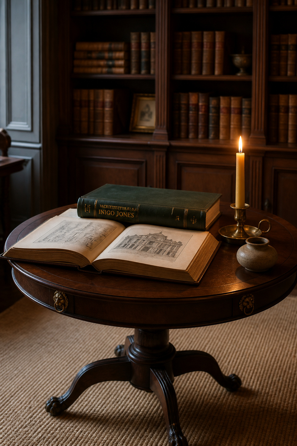 A Regency-inspired circular mahogany table displaying open folio books with architectural engravings, a brass candlestick, and leather-bound volumes in the background, evoking the Georgian tradition of books as social display objects
