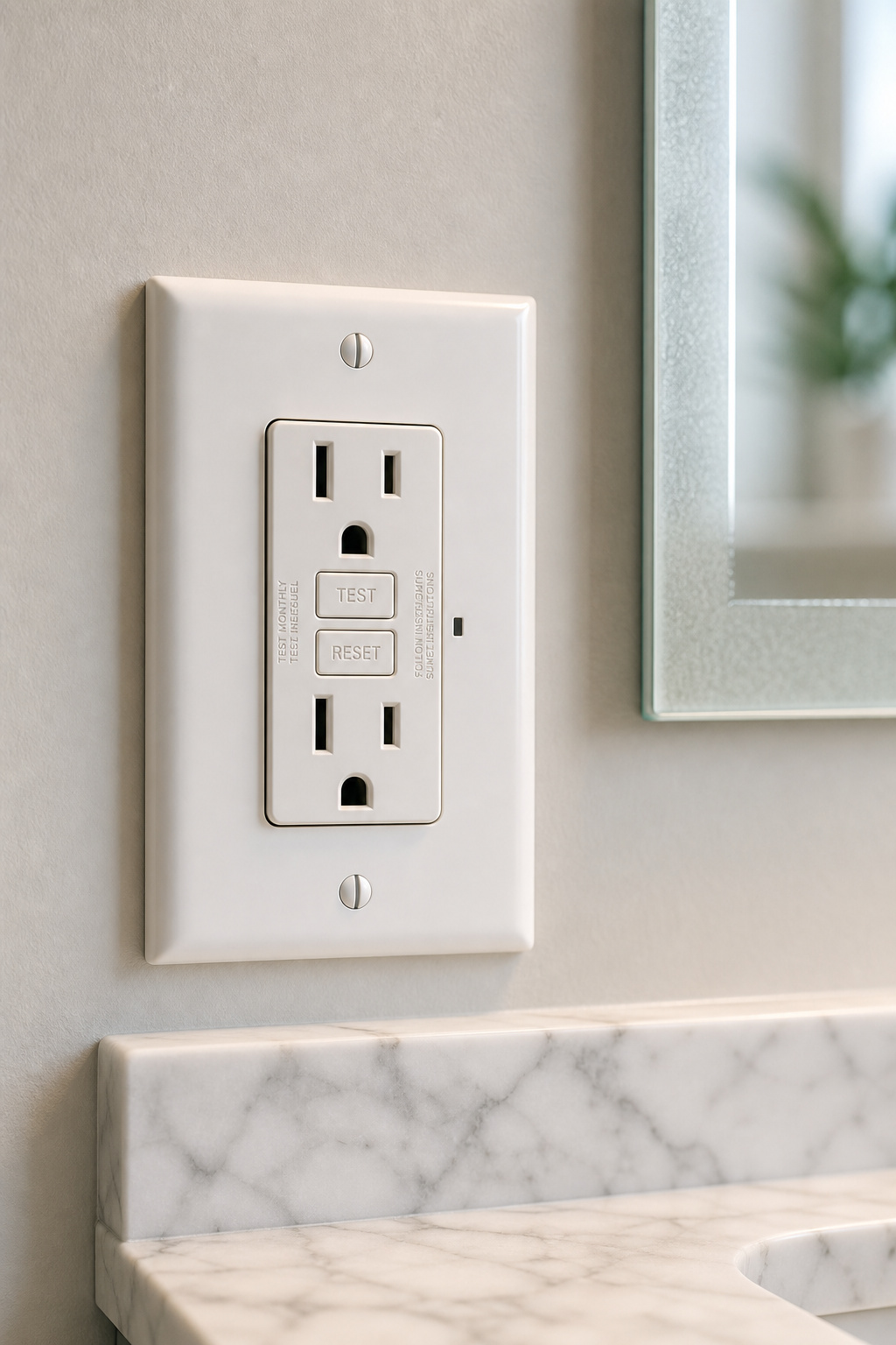 White GFCI outlet with Test and Reset buttons mounted on bathroom wall beside marble vanity