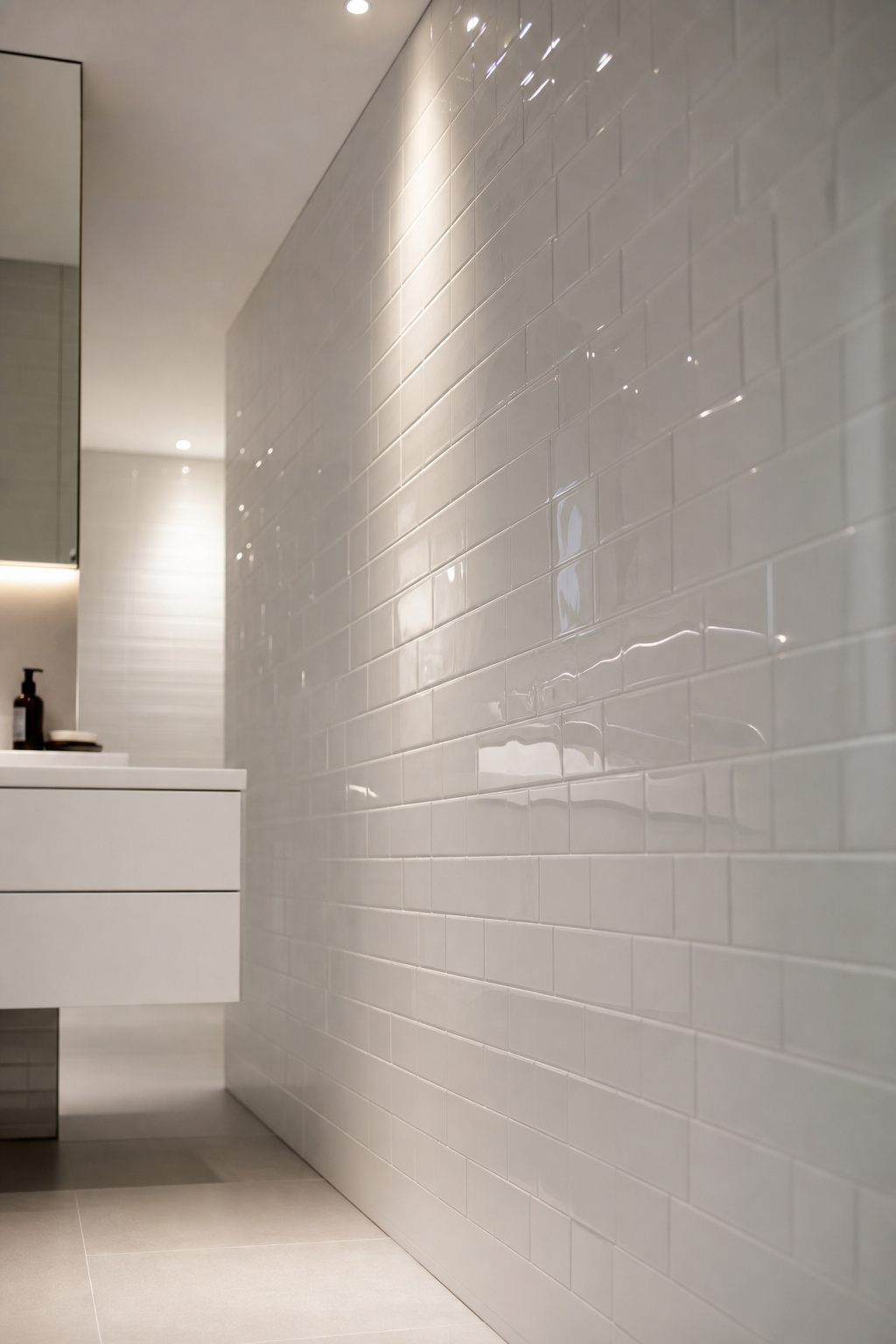 Glossy white subway tile bathroom wall with LED ceiling light bouncing and spreading evenly across the reflective surface