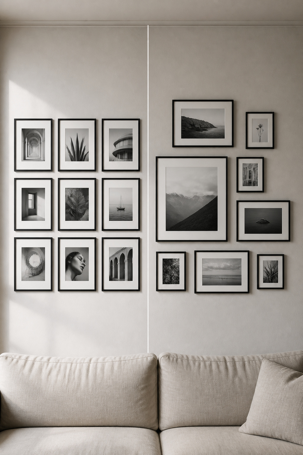 Side-by-side comparison of strict 3x3 grid layout versus salon hang arrangement for a black and white gallery wall, same black frames and prints in both