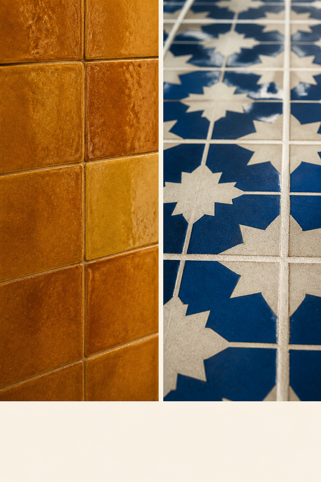 Comparison of sand-coloured hairline grout on zellige tile versus white contrast grout on Moroccan patterned cement tile