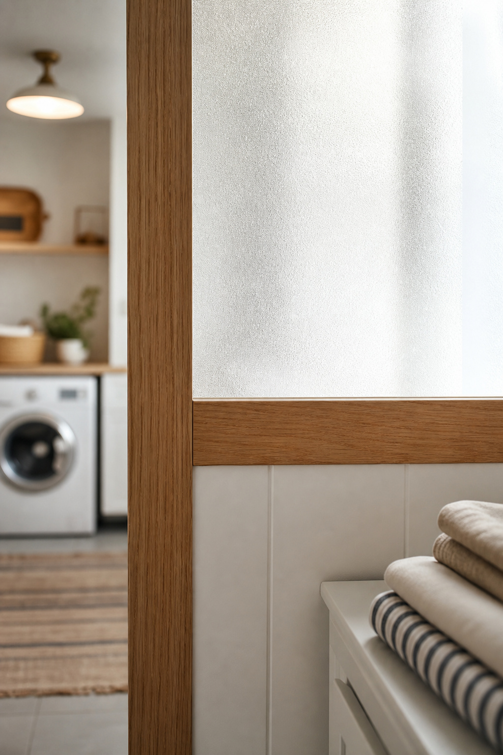 Half-lite barn door with frosted glass upper panel and solid painted wood lower panel in natural oak frame, showing the light-warmth compromise for a laundry room