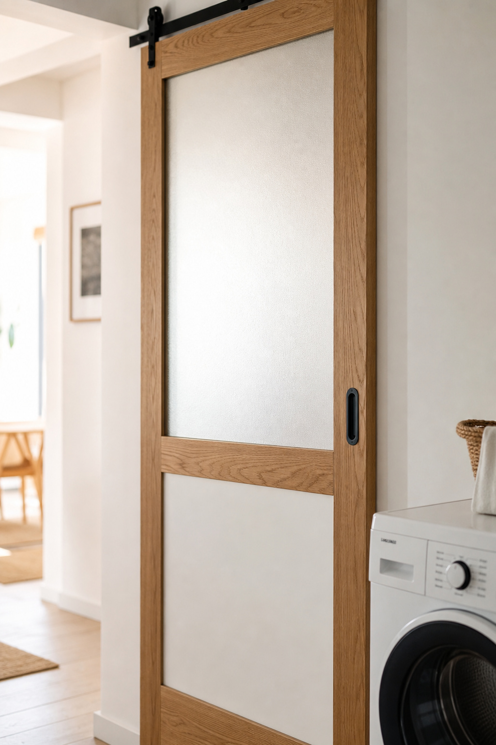 Half-lite barn door with frosted glass upper panel and solid white-painted lower panel in a natural oak frame, mounted in a white laundry room