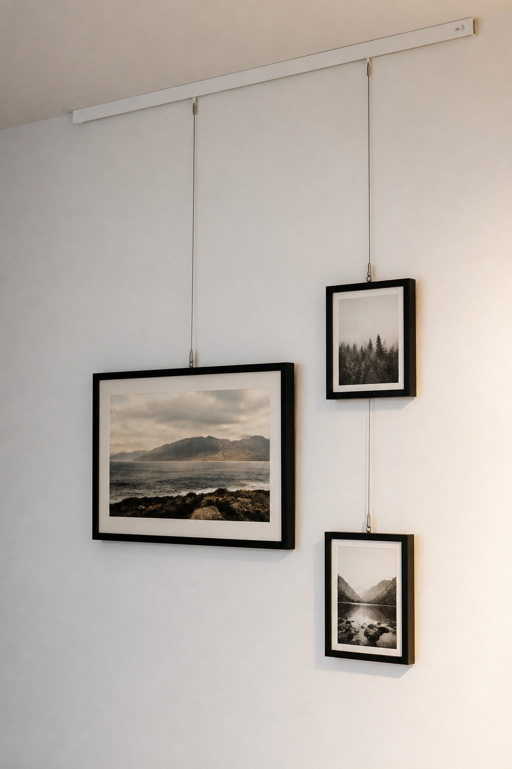 White HangZ gallery rail mounted near ceiling with perlon cables and adjustable hooks holding two framed photographs at different heights