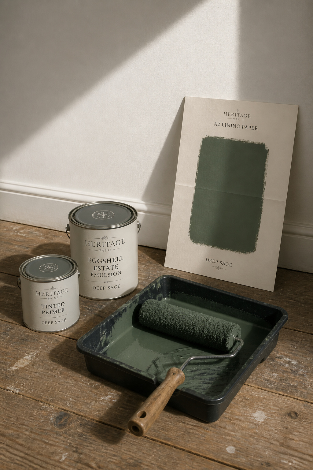 Paint roller in heritage sage green paint beside tinted primer tin, eggshell emulsion tin, and an A2 lining paper paint sample propped against the wall