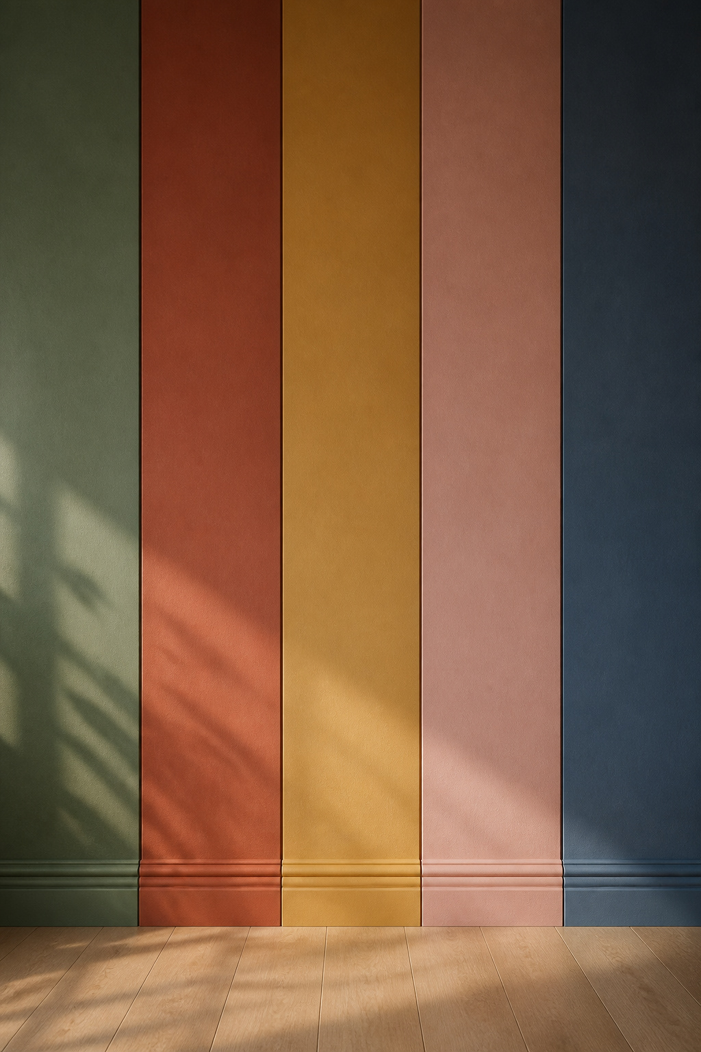 Five vertical bedroom wall panels in heritage sage green, terracotta rust, ochre gold, dusty rose, and slate indigo showing the connected vintage palette families
