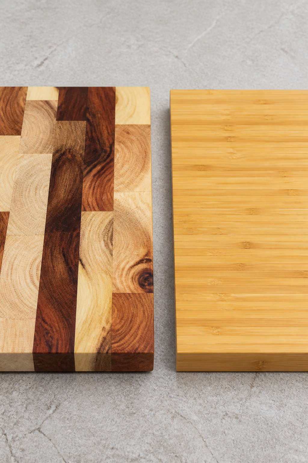 Side-by-side comparison of hickory butcher block with dramatic light-dark grain contrast and pale bamboo countertop panel showing laminated construction
