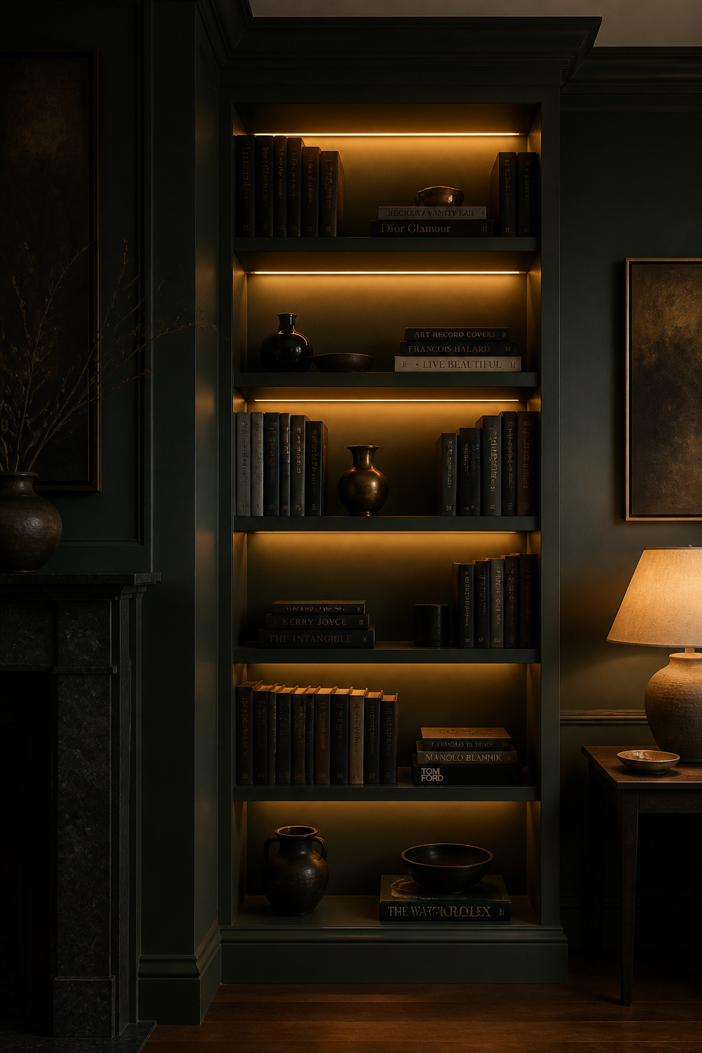 Hidden warm LED strips glowing behind dark green bookcase shelves in a moody living room, illuminating books and objects from behind