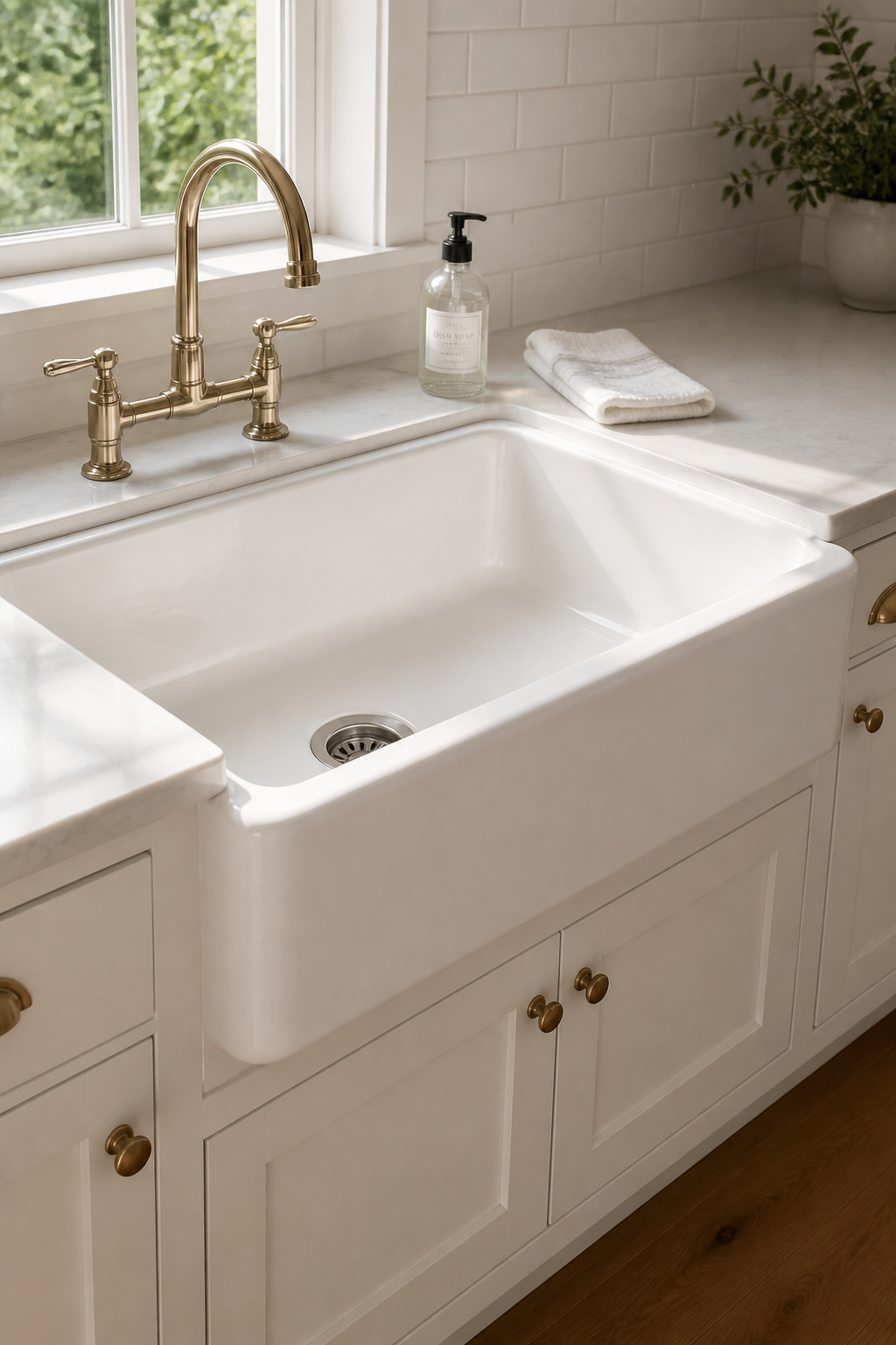 Gleaming white fireclay farmhouse sink with apron front in a clean white shaker kitchen