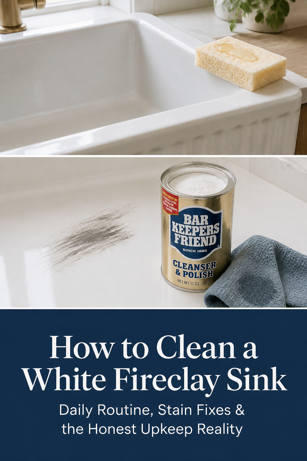 Pinterest collage showing fireclay sink cleaning steps with headline text overlay